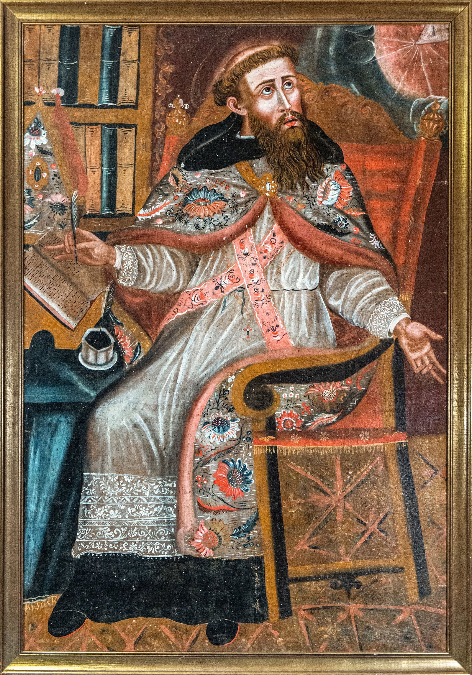 Large colonial oil painting of Cuzco - 17th century - early 18th century: Oil on canvas. Dimensions 122 x 83 / 132 x 93 cm. Devotional portrait of a saintly bishop or Doctor of the Church seated in his study, with quill and inkwell, turned towards a celestial vision that bu