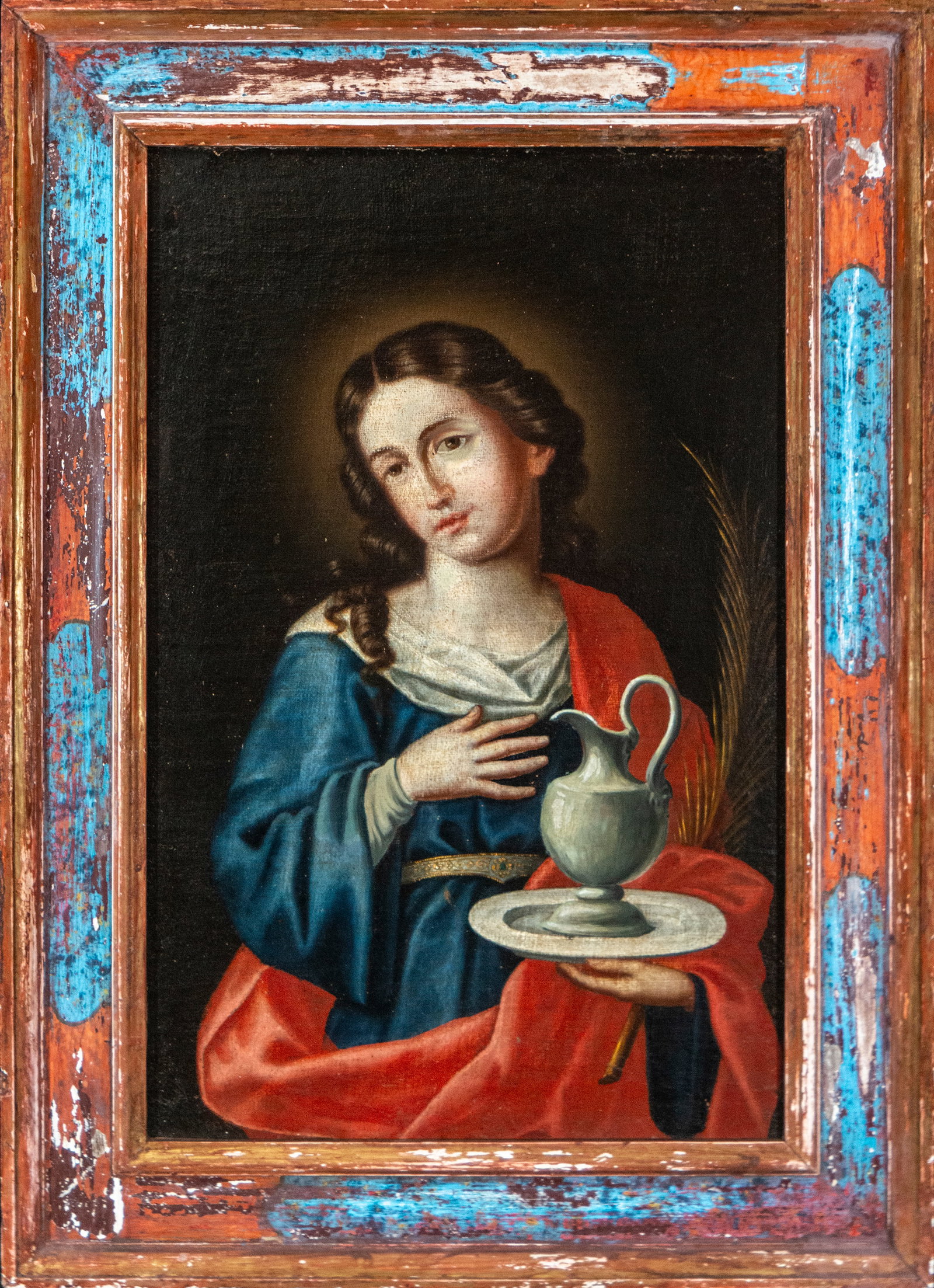 Holy martyr with palm and jug, Spanish school, 18th century: Oil on canvas. Measurements 64 x 41 / 83 x 60 cm.
