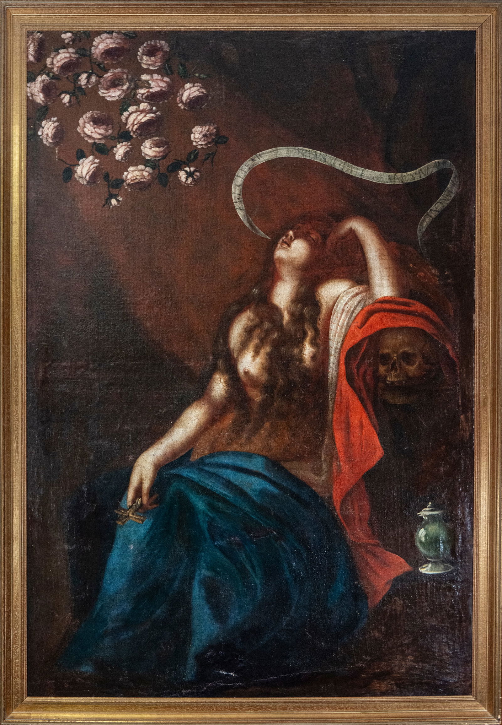 Mary Magdalene as a penitent, Spanish school, 17th century: Oil on canvas. Dimensions 156 x 107 / 168 x 120 cm. A large composition depicting Mary Magdalene as a penitent, semi-nude and lost in contemplative ecstasy, accompanied by the traditional attributes o