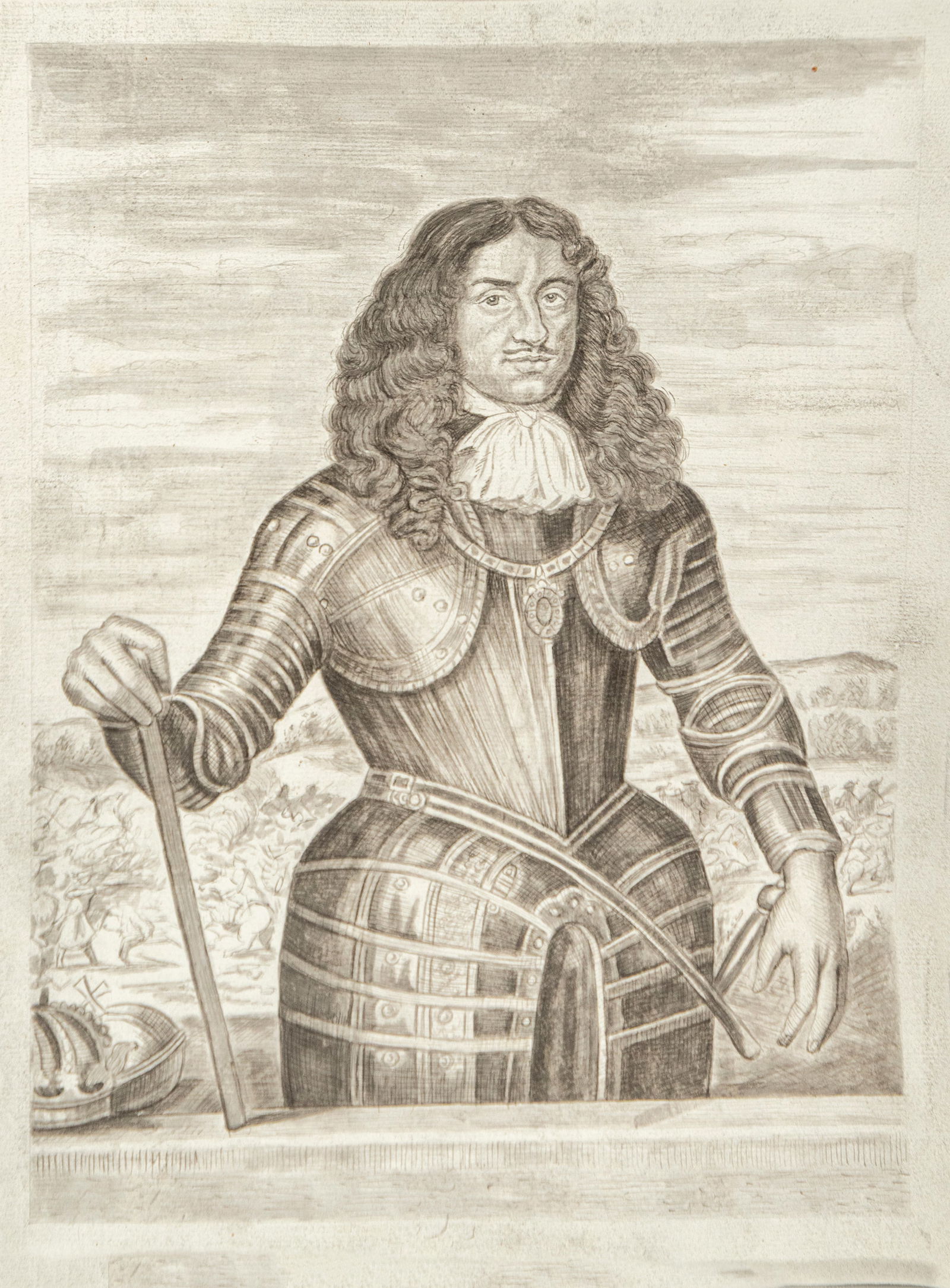 Drawing of Louis XIII in armor, European school, 19th-20th century: Pencil drawing on paper. Measures 42 x 32 cm.