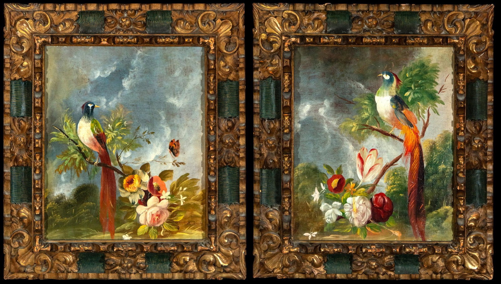 Pair of still lifes with birds and flowers, one signed. European school. 19th-20th century: Oil on canvas. Measurements 47 x 38 / 67 x 69 cm.