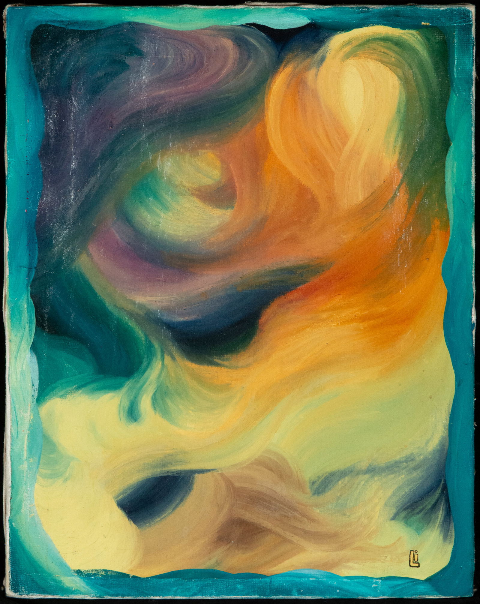 Organic abstraction in blue, signed with an anagram. Spanish School. 20th century: Oil on canvas. Dimensions 52 x 39 cm. An abstract composition constructed from chromatic swirls and broad areas of blended color in bluish greens, yellows, ochres, and violet shadows, organized in a f