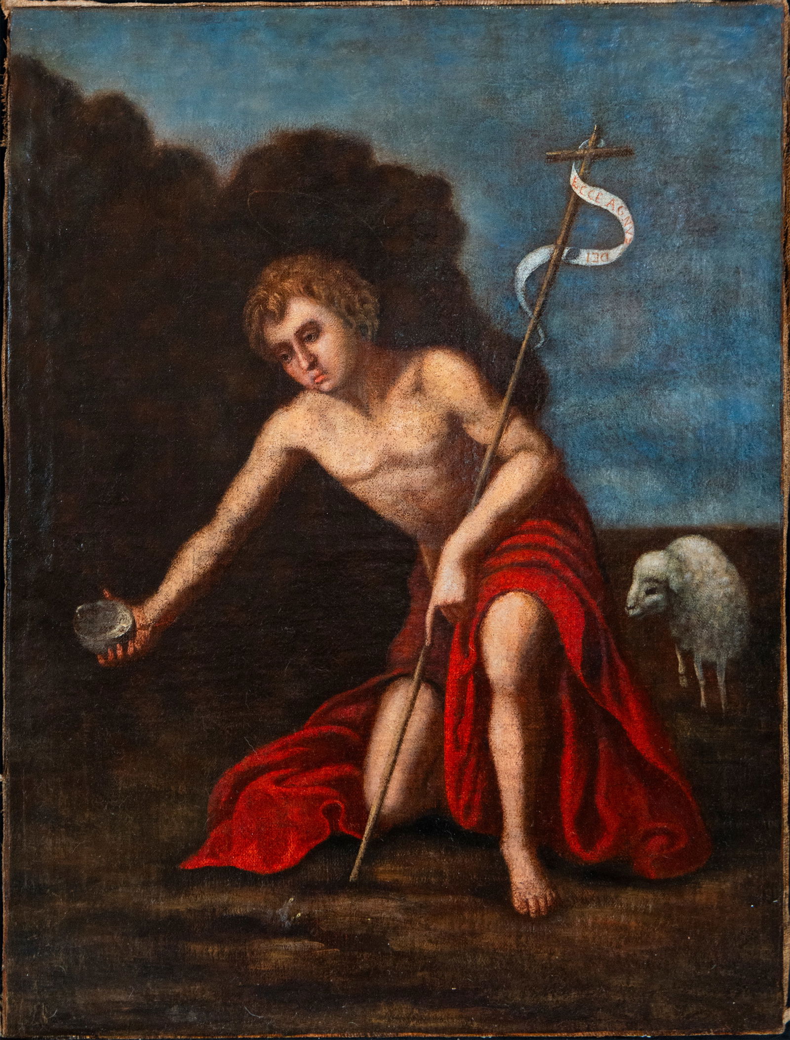 Saint John the Baptist at the fountain. Italian Bolognese School, 17th century: Oil on canvas. Measurements 68 x 54 cm.