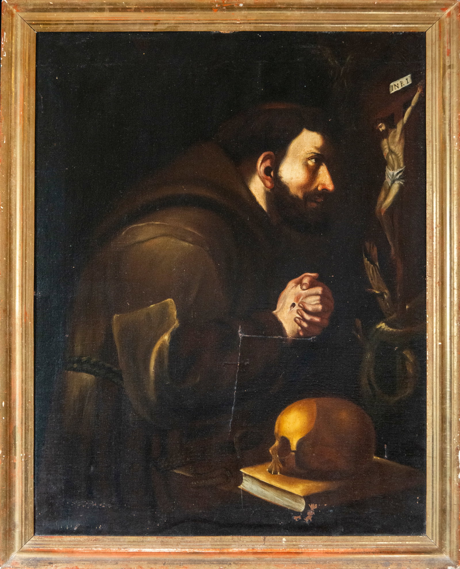Saint Francis with skull and crucifix. Italian Roman School - 17th Century: Oil on canvas. Measurements 84 x 64 / 93 x 73 cm.