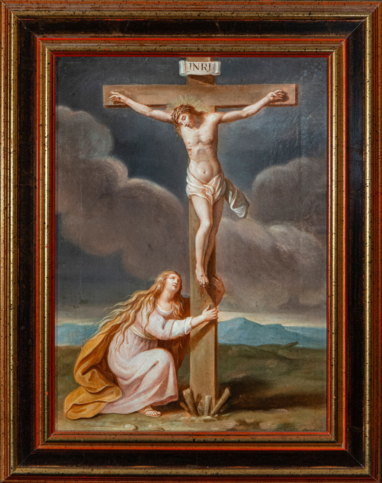 Christ crucified with Mary Magdalene. Flemish school, 18th century: Oil on canvas. Measurements 48 x 35 / 62 x 50 cm.