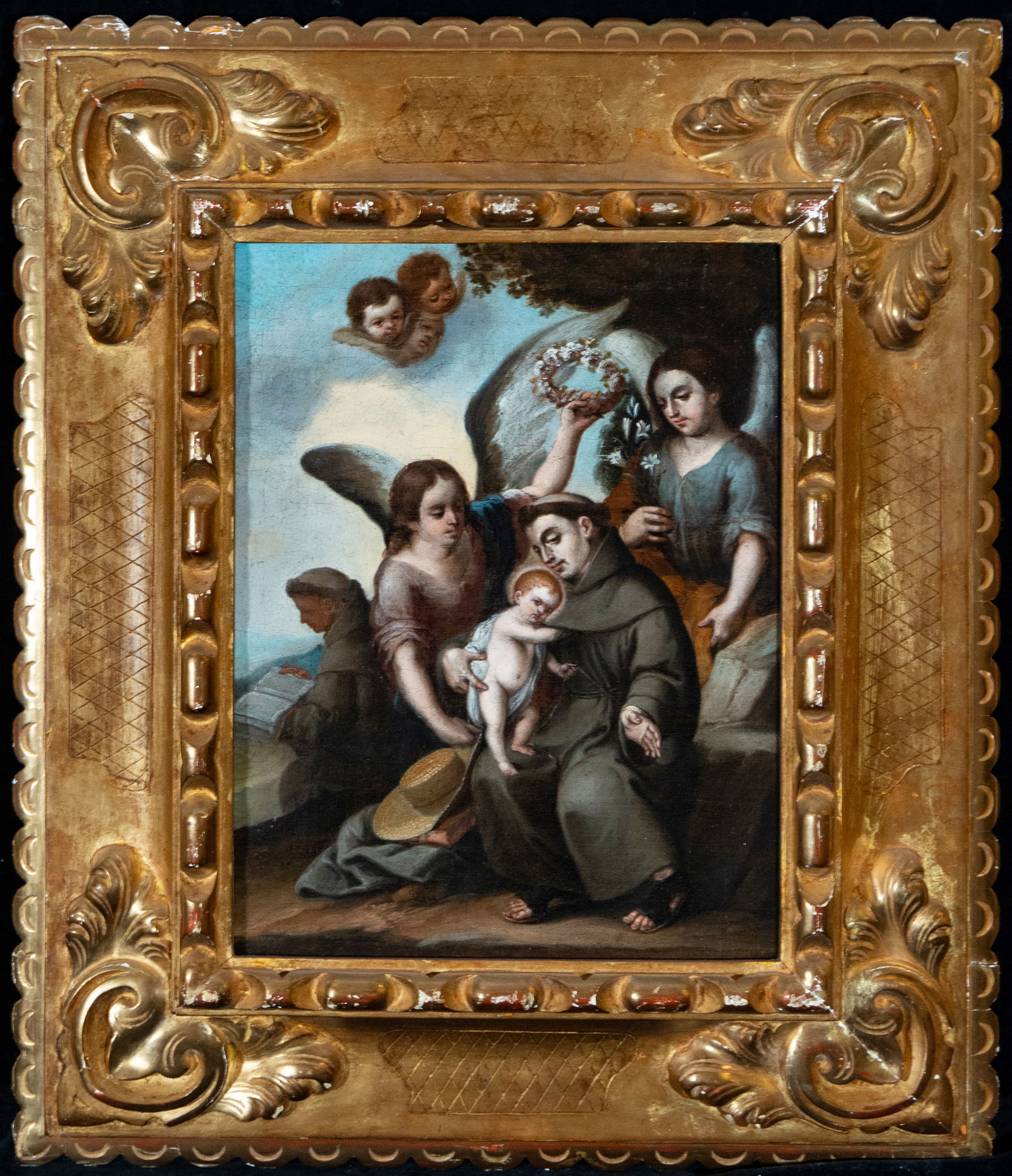 Saint Anthony with the angels. Sevillian Circle of Murillo, 17th century: Oil on canvas. Measurements 45 x 35 / 69 x 59 cm.