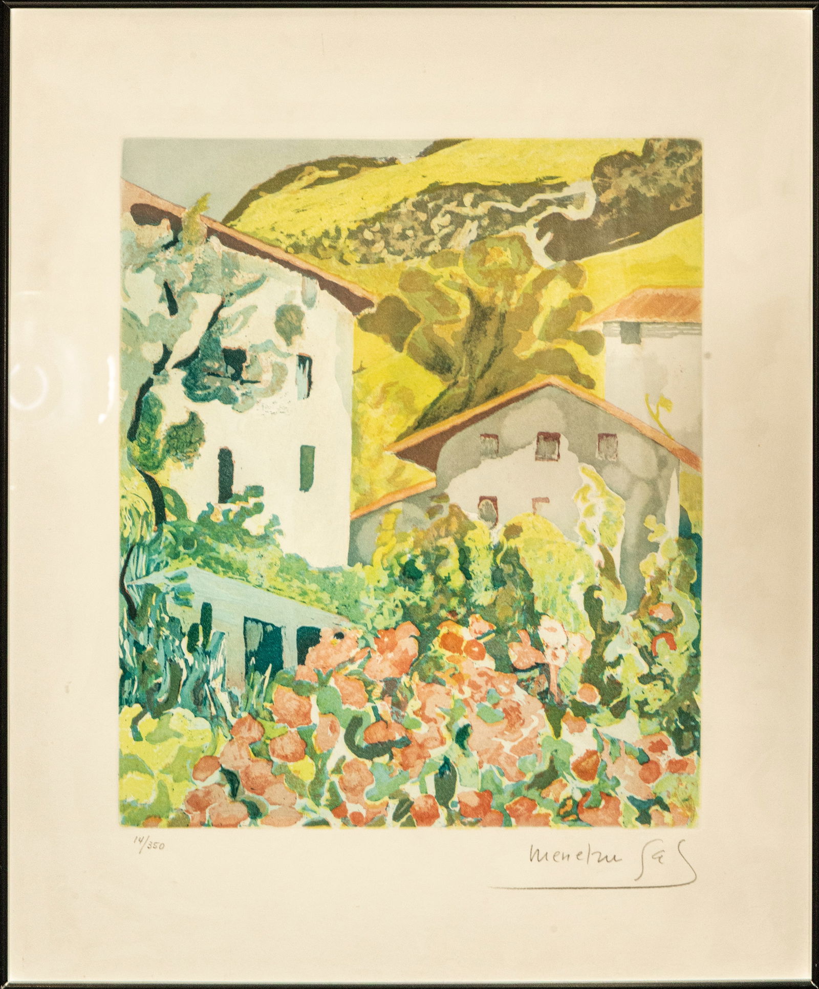Betelu Farmhouses, Signed, Spanish School, 20th Century: Color engraving on paper. Dimensions 41 x 35 / 59 x 49 cm. View of a cluster of farmhouses nestled among hillsides and abundant vegetation, with a band of flowers in the foreground enlivening the comp