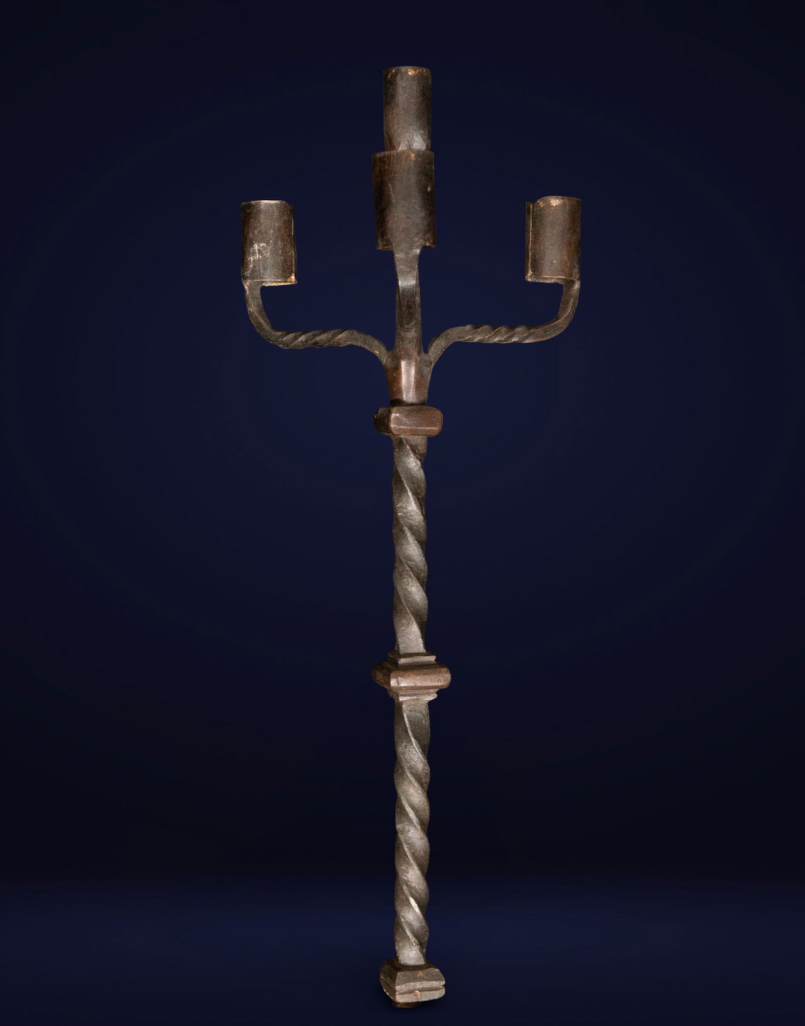 Wrought iron three-light candelabra, European School, 19th century: Wrought iron. Measures 47 x 18 x 18 cm.