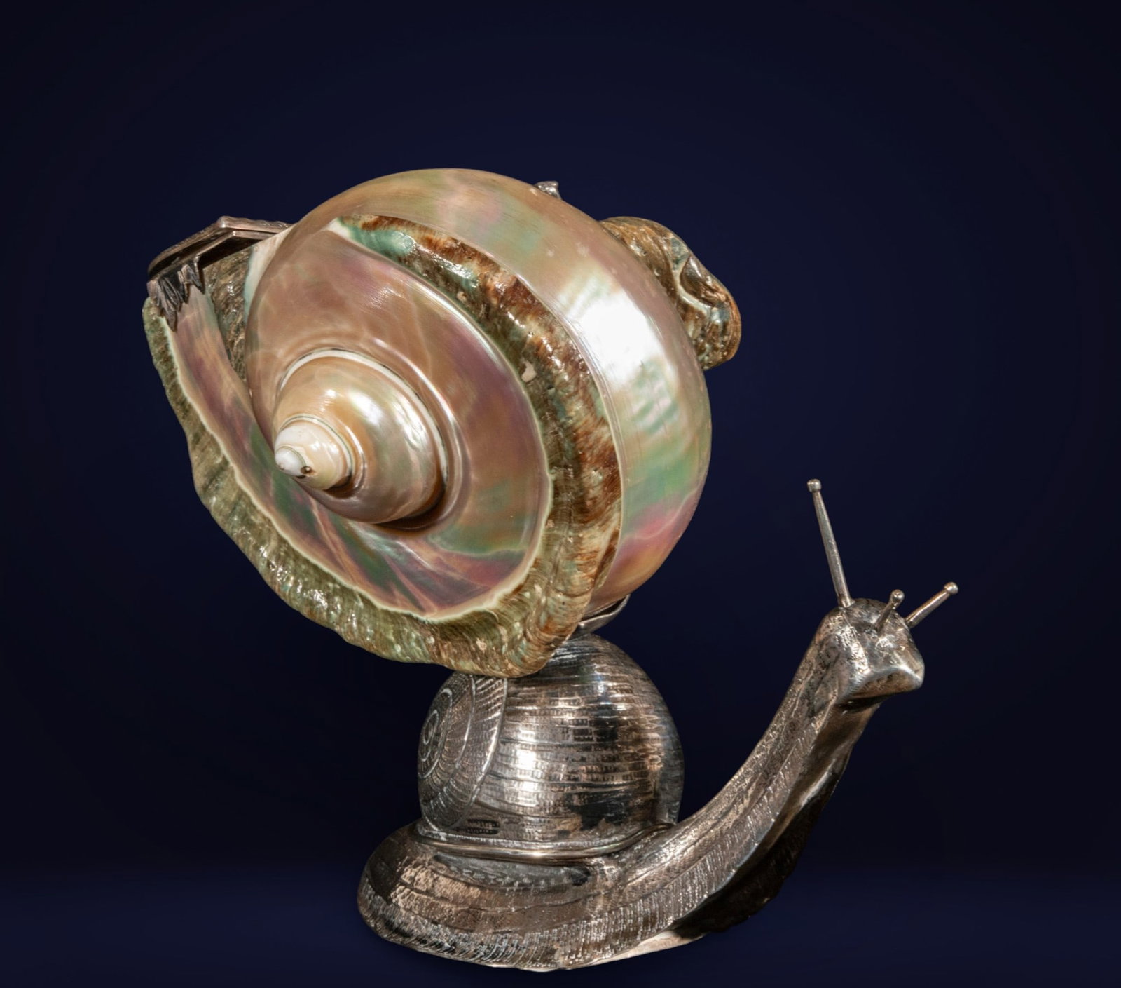 Beautiful 19th-century silver Nautilus inkwell: Silver and nautilus shell. Measures 20 x 18 x 22 cm. This piece is conceived from a large nautilus shell with pearly iridescence, mounted on a silver, snail-shaped structure that serves as both suppor