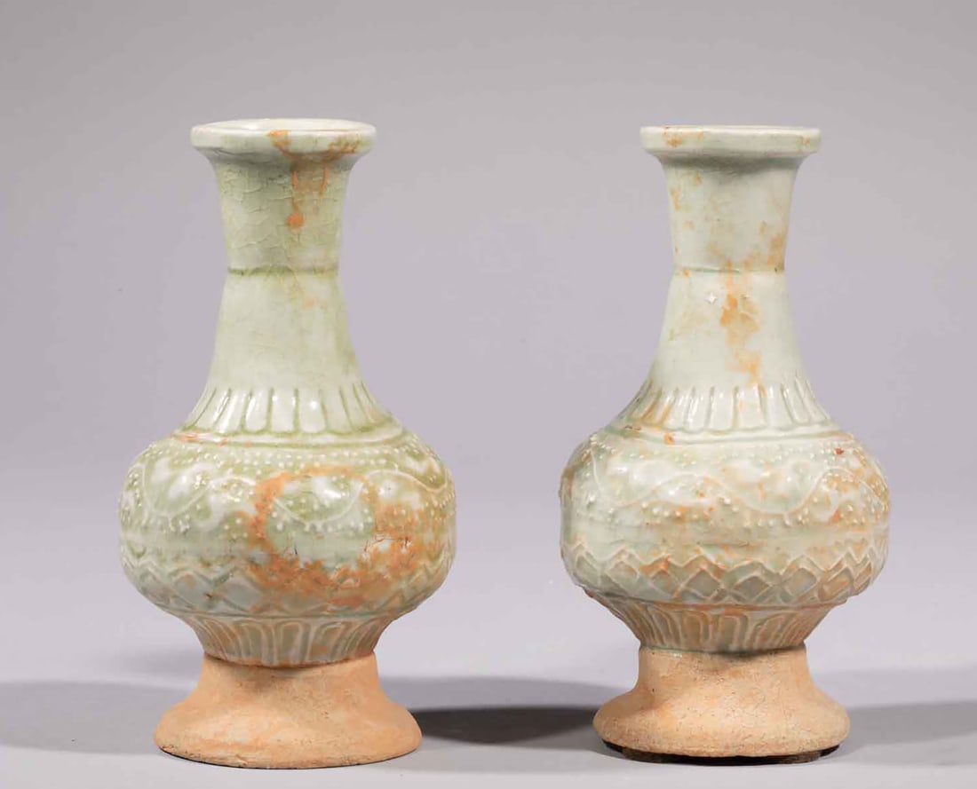 Pair of Qinbai porcelain bottles with a globular body and tall neck on a pedestal made of fine (1 of 12)