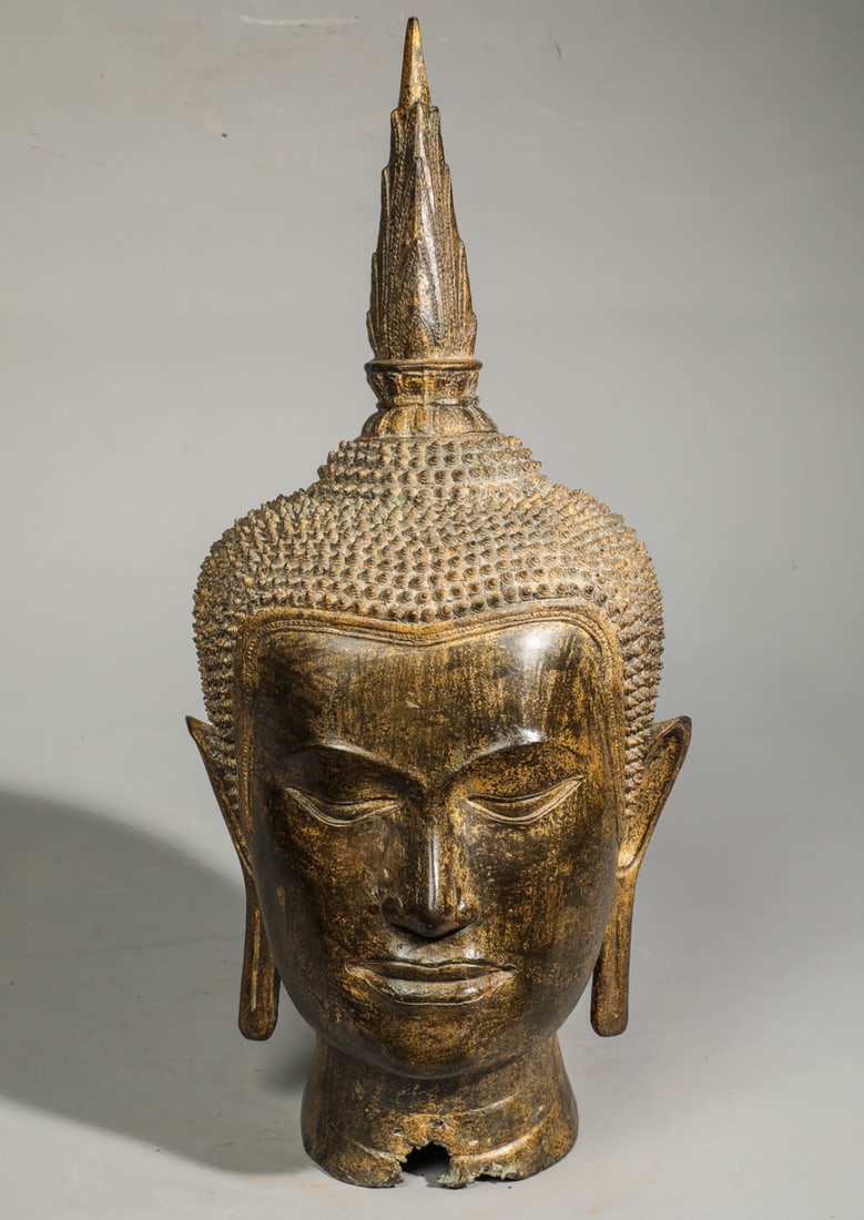 Buddha head with fine, bristling curls, topped with the Ushnisha cranial protuberance from which a (1 of 8)