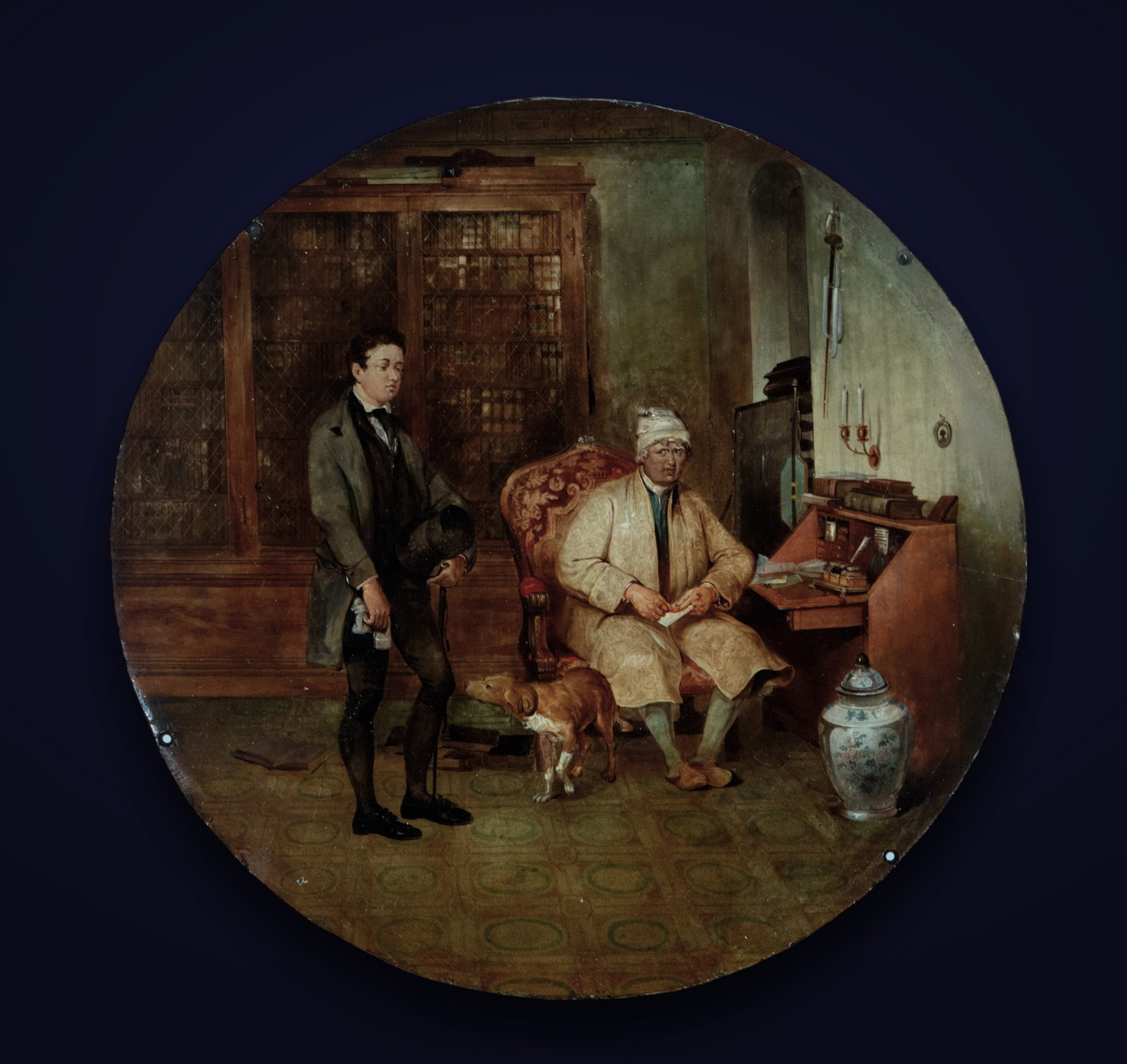 The Antiquary, English or German school of the 19th century: Oil on stone in oval measuring 71 x 71 cm