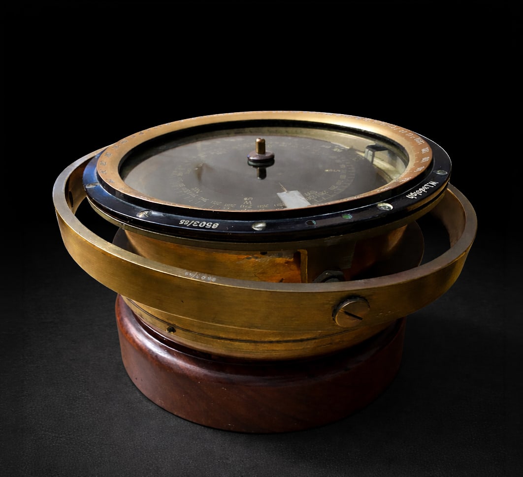 Large magnetic marine navigation compass Ludolph W. Ludolph, model 8503/55: An essential navigation instrument used aboard ships to indicate the direction of magnetic north and assist orientation at sea. It is a magnetic compass for marine use, manufactured by Ludolph W. Ludo