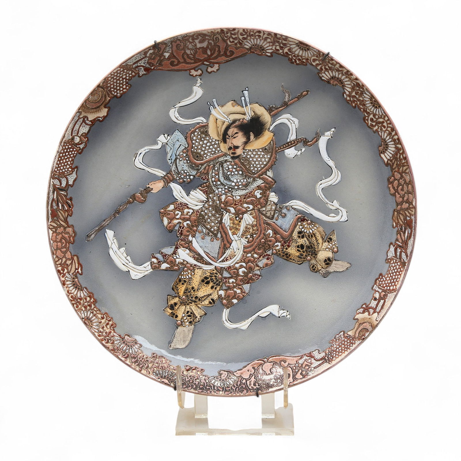 Massive Japanese Meiji Satsuma Dish of Samurai, late 19th Century: Perfect condition, no hairlines or restorations.40 cm diameter.