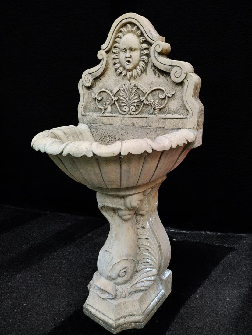 Nembro marble fountain with three sections, Italy, 20th century: Carved Nembro marble. Measurements: maximum height 170 cm; basin height 110 cm; basin 80 x 60 cm; water outlet at 144 cm. The set comprises a base with basin and front panel, featuring elegant classic