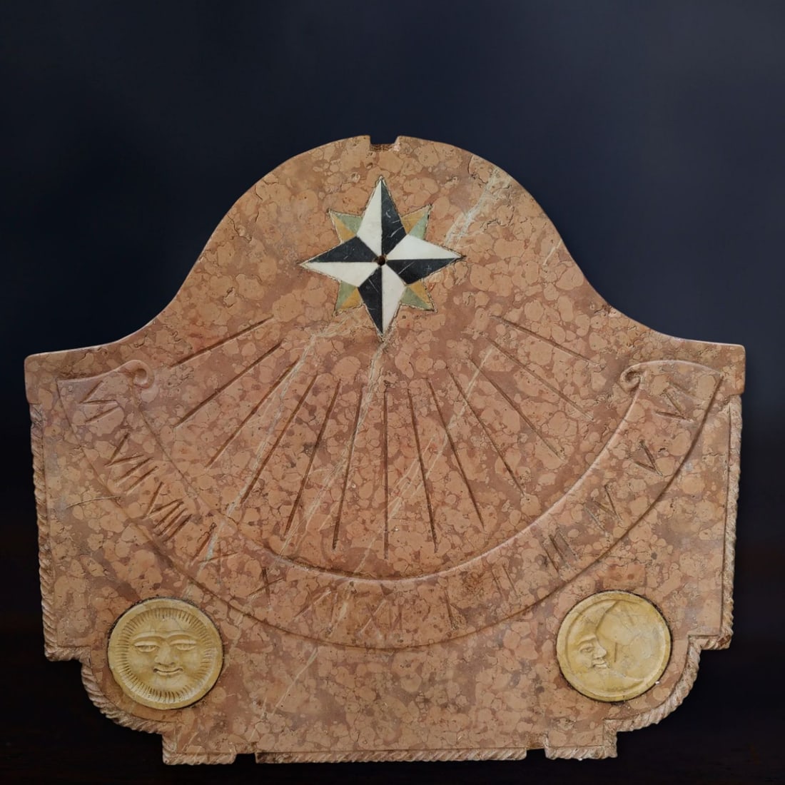 Meridian in red Verona marble with inlaid compass rose and sun and moon medallions, Italy, 20th: Verona red marble with polychrome marble marquetry and Nembro yellow marble medallions; detachable gnomon included. Dimensions: 75 × 67 × 3 cm; weight approx. 20 kg. Magnificent meridian line of uni