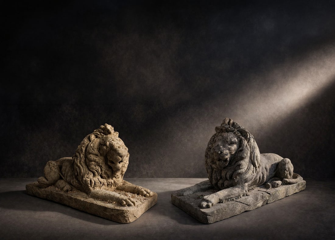 Pair of lions carved from a single block of Vicenza stone, Italy, 19th century: Carved Vicenza stone. Dimensions: 148 × 50 × 85 cm (each). A spectacular pair of lions of extraordinary quality and craftsmanship, hand-carved from a single block. They are notable for their anatomi