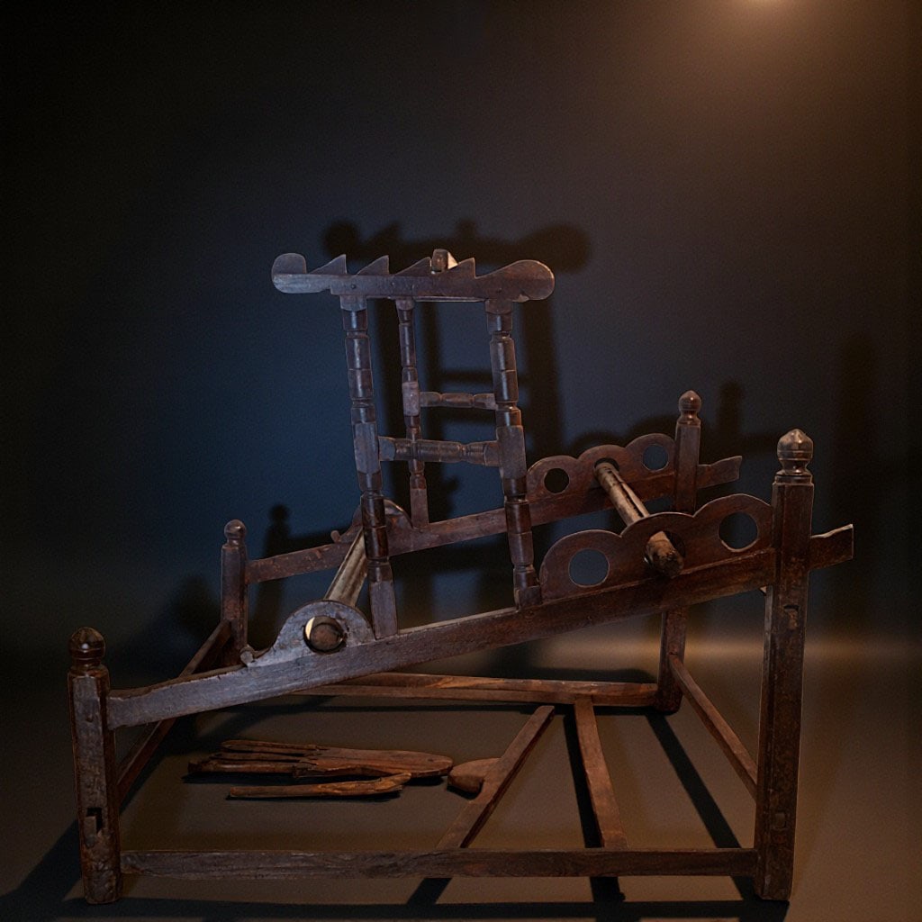 Large working textile loom. Sicily, second half of the 18th century: Wood. Dimensions: width 140 cm; depth 155 cm; height 130 cm. Large working loom, preserved in complete condition. Very few complete 18th-century looms have survived to the present day, as many were in