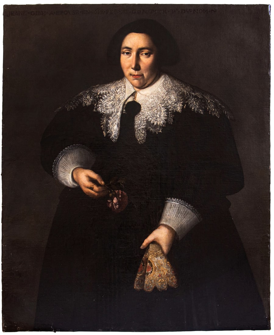 Flemish School of the 17th Century - Portrait of a Noblewoman: Oil on canvas. Dimensions: 108 × 92 cm. An inscription in capital letters, “JEANE GILE EPOASE EN 1618 PEBET GONTIER P DU NOM, ” identifying the sitter and dated 1618, is preserved at the top