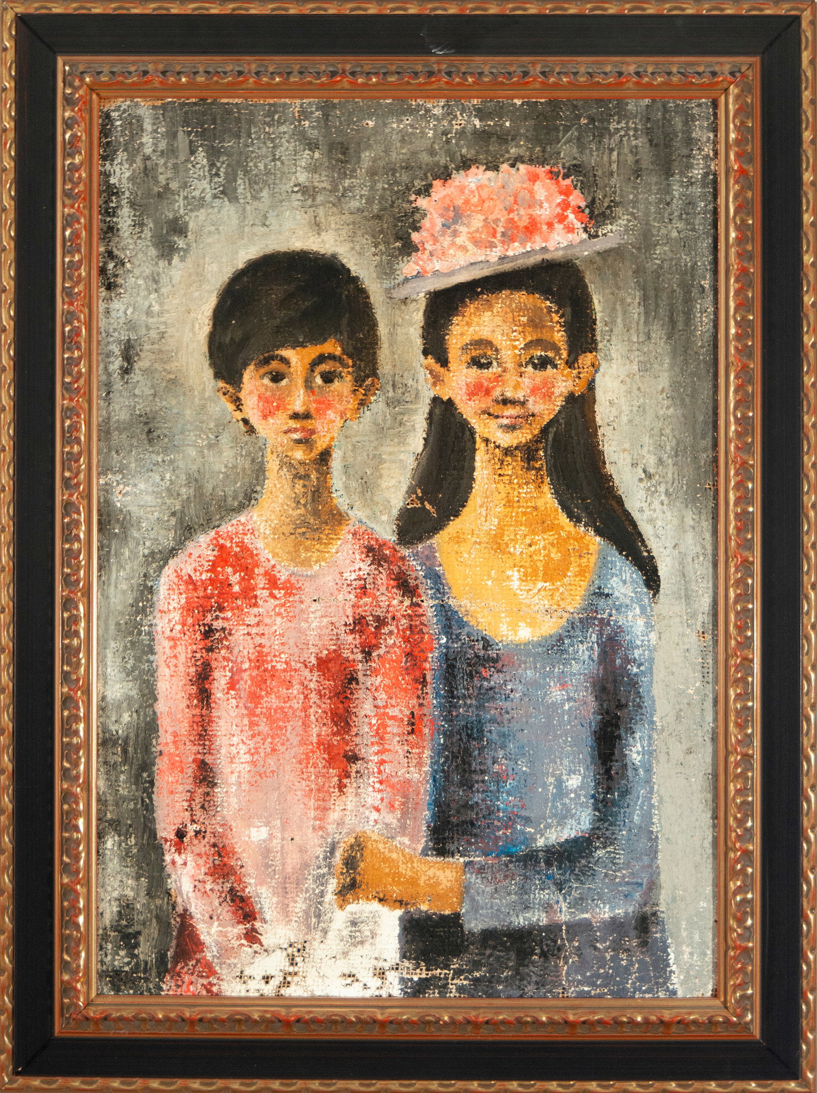 Pair of girls. Expressionist School. 20th century: Oil on canvas. Two child figures are arranged in the center of the composition against a neutral, textured background in shades of gray and ochre, accentuating the verticality of the format. The girl