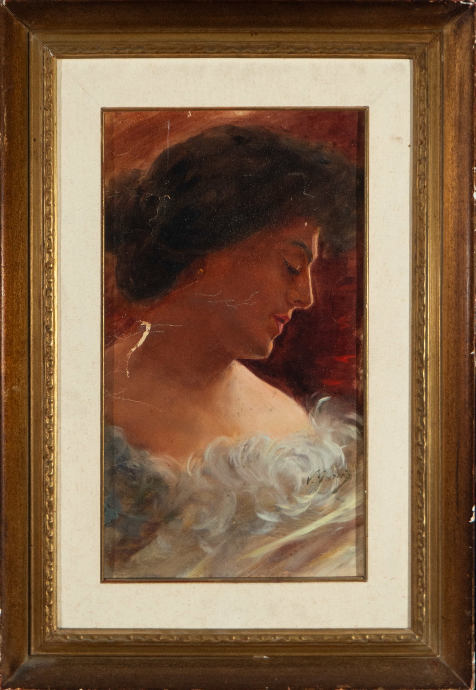 Girl. Contemporary School. 20th Century: Color fine art photograph on paper. In the image, a young girl appears dressed in a simple white nightgown with a lace ribbon in her hair, slipping on black high-heeled shoes that are too big for her.