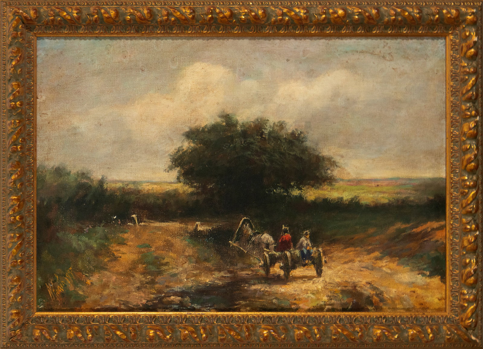 Figures in a Chariot. Russian School. 20th Century: Oil on canvas. Dimensions: 39 x 58 cm. The work presents a rural scene with a couple in a horse-drawn cart, moving along a path toward an open field. A large central tree balances the composition, dom
