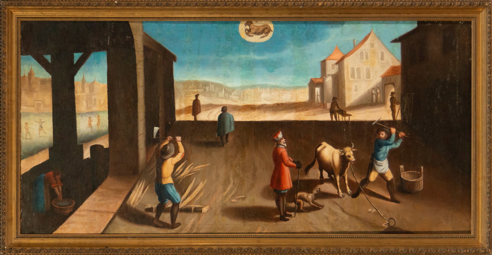 Agnus Dei. Spanish School. 18th Century: Oil on canvas. Dimensions: 167 x 78 cm. *Agnus Dei*, a devotional composition depicting the mystical lamb lying on the sacrificial altar, with a radiant halo and triumphal banner. The restrained treat