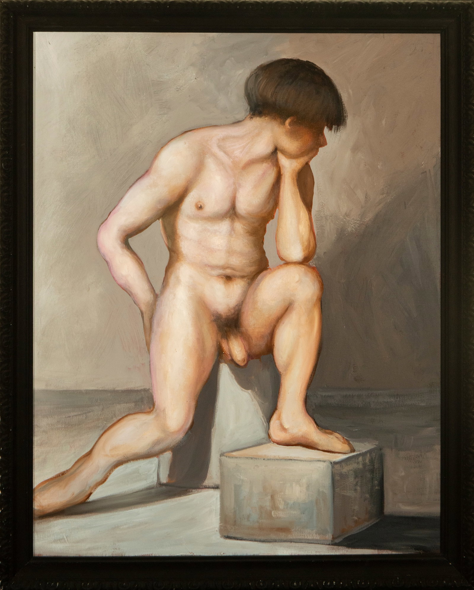 Academic nude, Spanish School, mid-20th century: Oil on canvas. Dimensions: 71 × 56 cm; 79.5 × 64 × 3 cm (frame). Study of a male figure in a classical pose standing on a cube, an example of mid-20th-century academic teaching, with a realistic ap