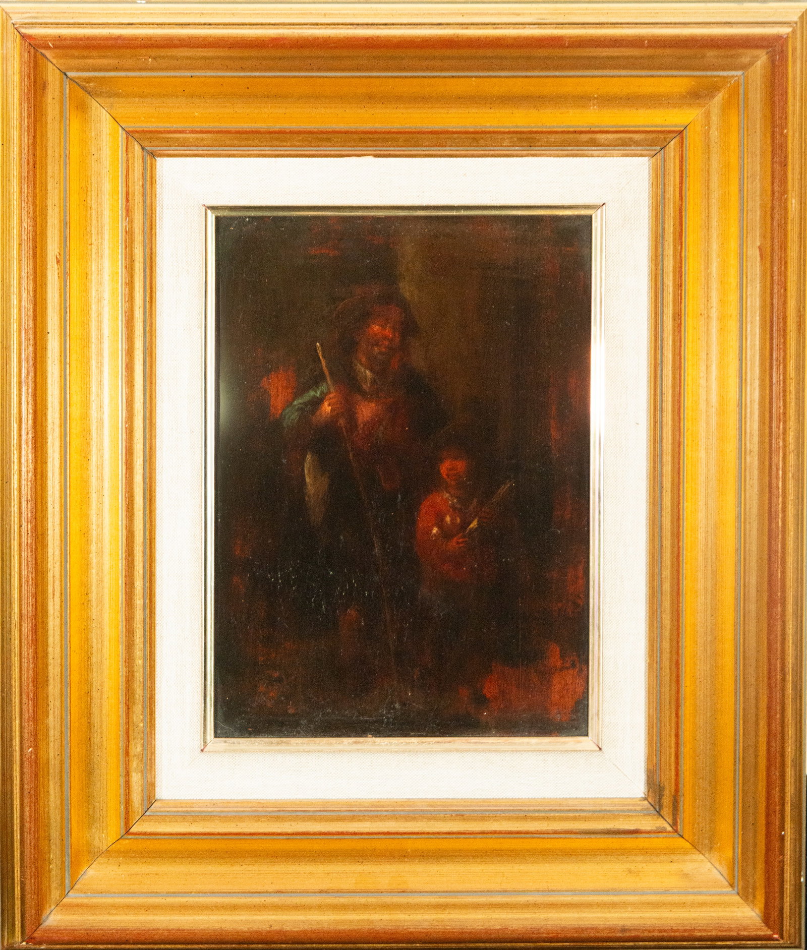 The guide, Circle of Leonardo Alenza, 19th Century: Oil on panel. Dimensions: 32 × 22 cm. A genre scene depicting a blind old man and his young guide walking through reddish shadows, evoking the expressive and moralizing tone of Romantic painting in M