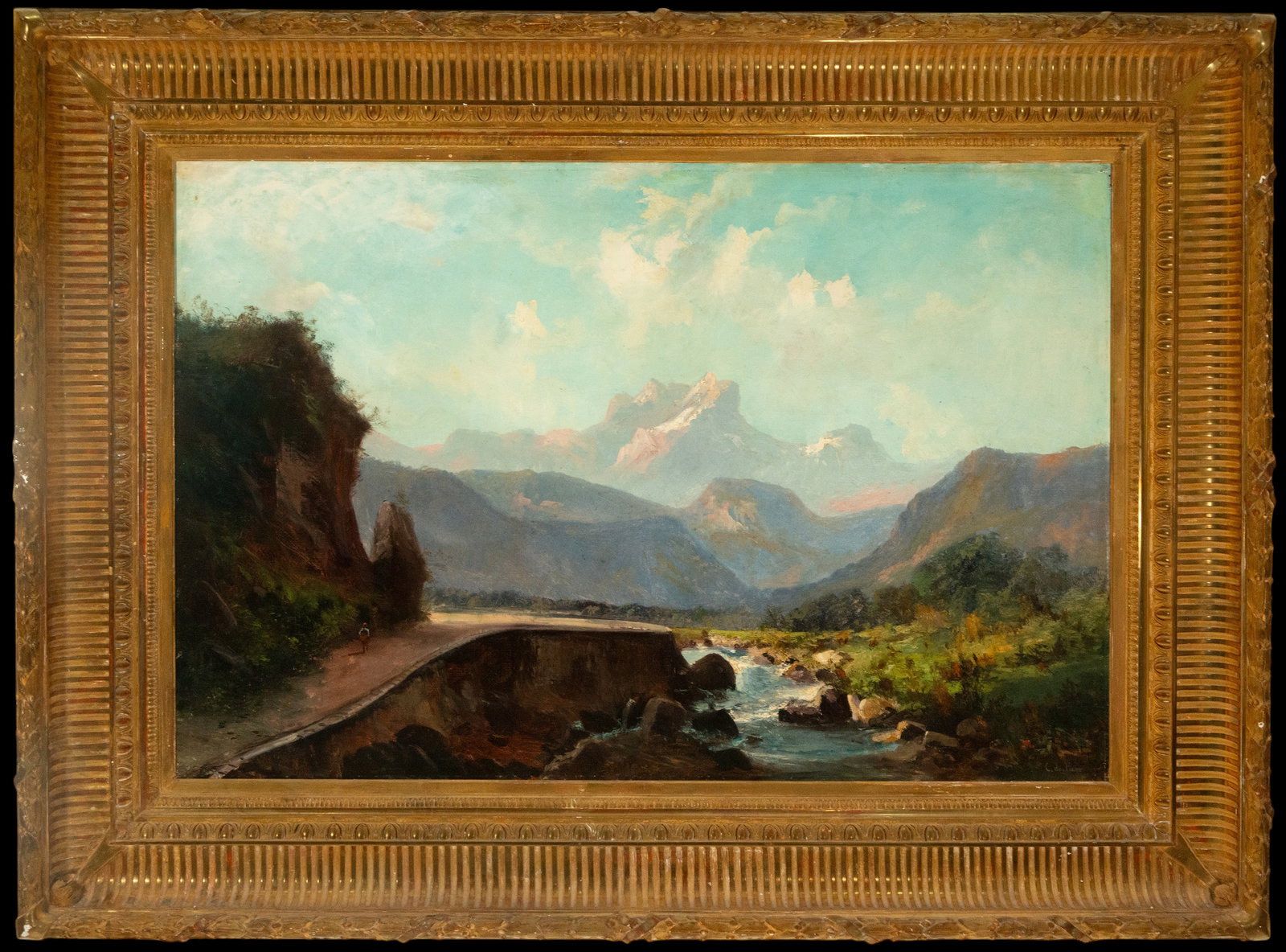 Carlos de Haes. High mountain landscape with path and stream. Spanish School. 19th century. Signed.: Oil on canvas. Dimensions 146 x 97 cm (unframed). View of an alpine landscape where a path winds alongside a clear river, framed by mountains that fade into the distance under a bluish atmosphere. The