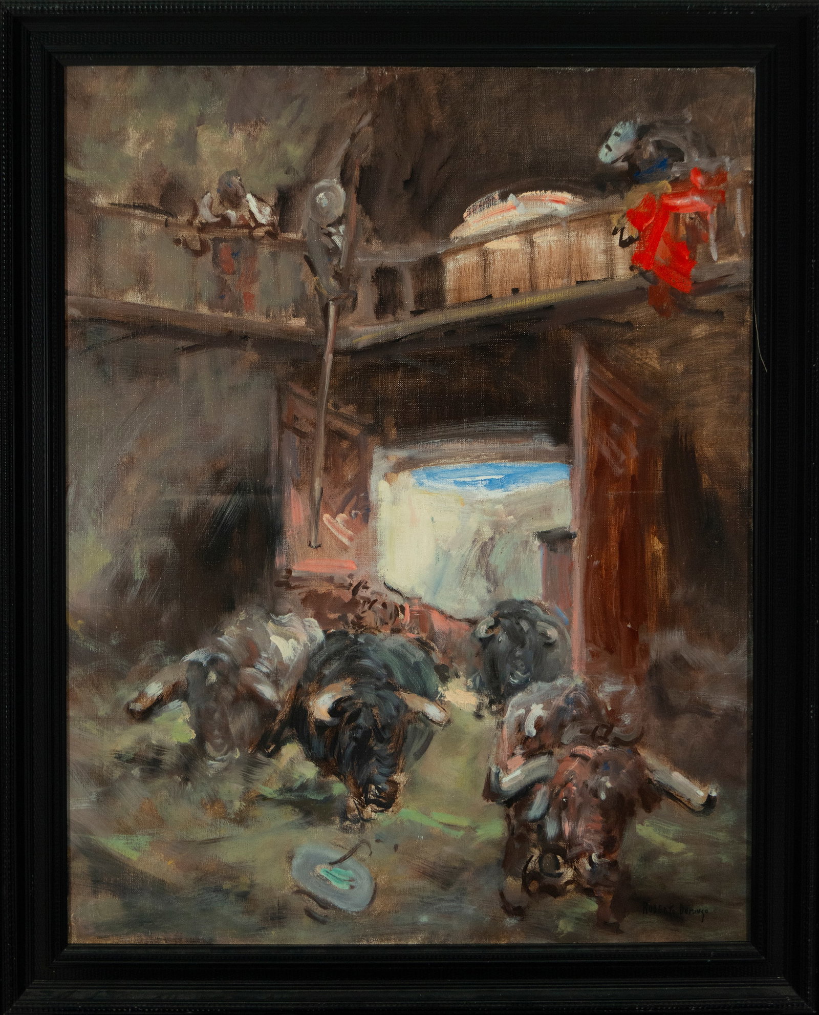 “The Running of the Bulls??, Roberto Domingo, Spanish School, 20th Century: Oil on canvas. 100 x 81 cm (114 x 95 cm framed). A bullfighting scene in which a group of bulls bursts from the corral into the arena, captured with the loose lines and chromatic energy characteristic
