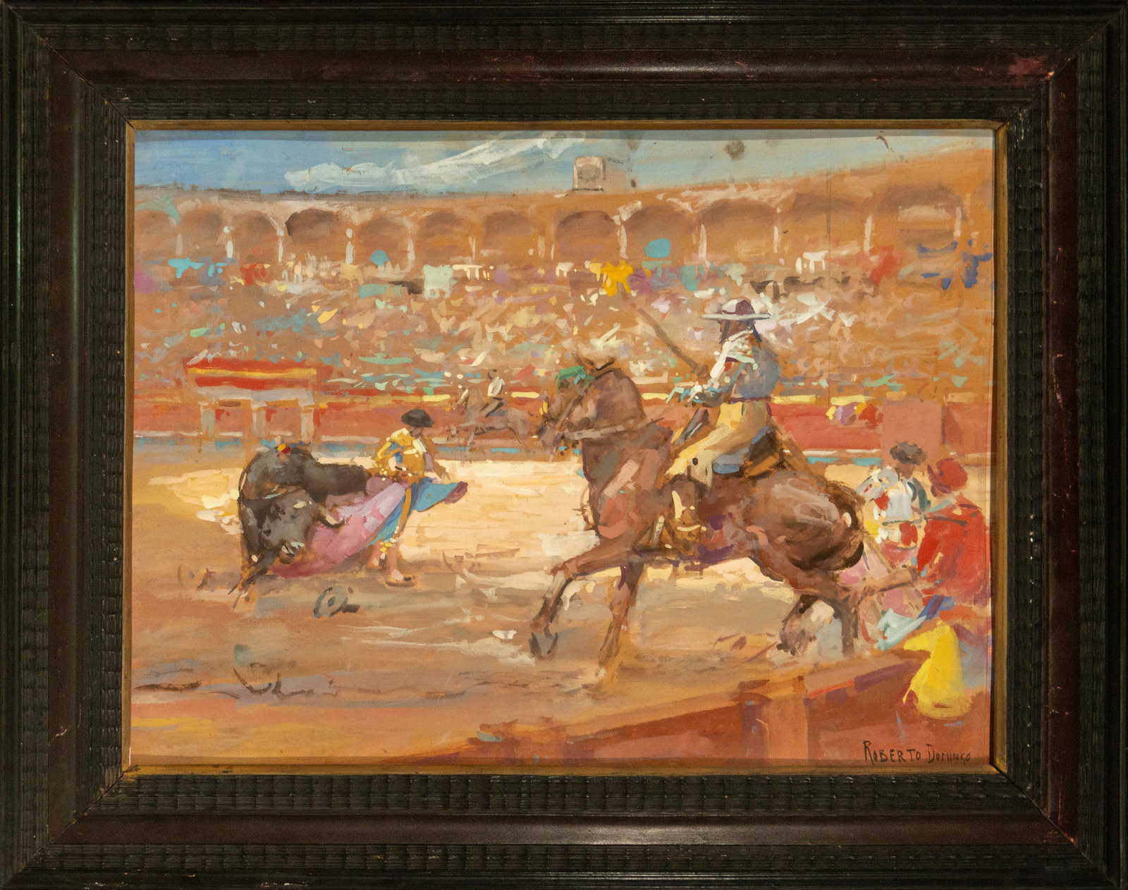 “El Picador??, Roberto Domingo, Spanish School, 20th Century: Guasch on cardboard. 65 x 50 cm (85 x 68 cm with frame). A bullfighting work by the celebrated painter Roberto Domingo, in which the picador and the bull face off during the bullfight. The artist disp
