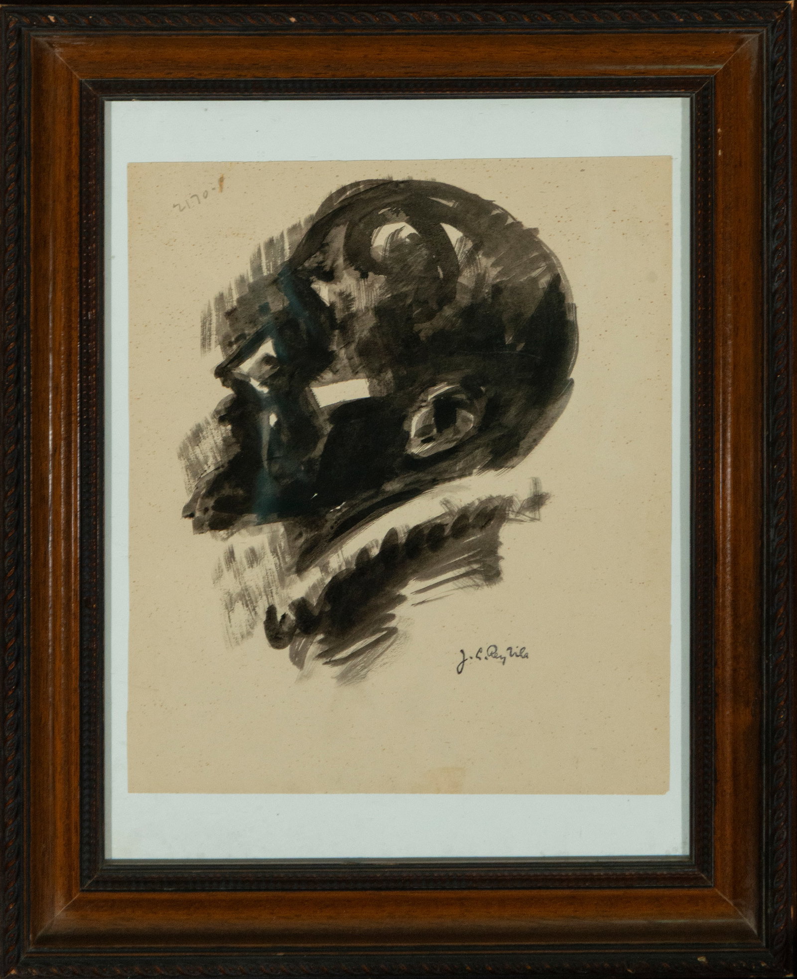 Portrait of Miguel de Cervantes, Signed José Luis Reig Vila, Spanish School, 20th Century: Wash on paper. Dimensions: 26 x 22 cm. The work presents a profile portrait of Miguel de Cervantes, modeled with black ink blotches that generate an intense chiaroscuro. The artist uses broad, express