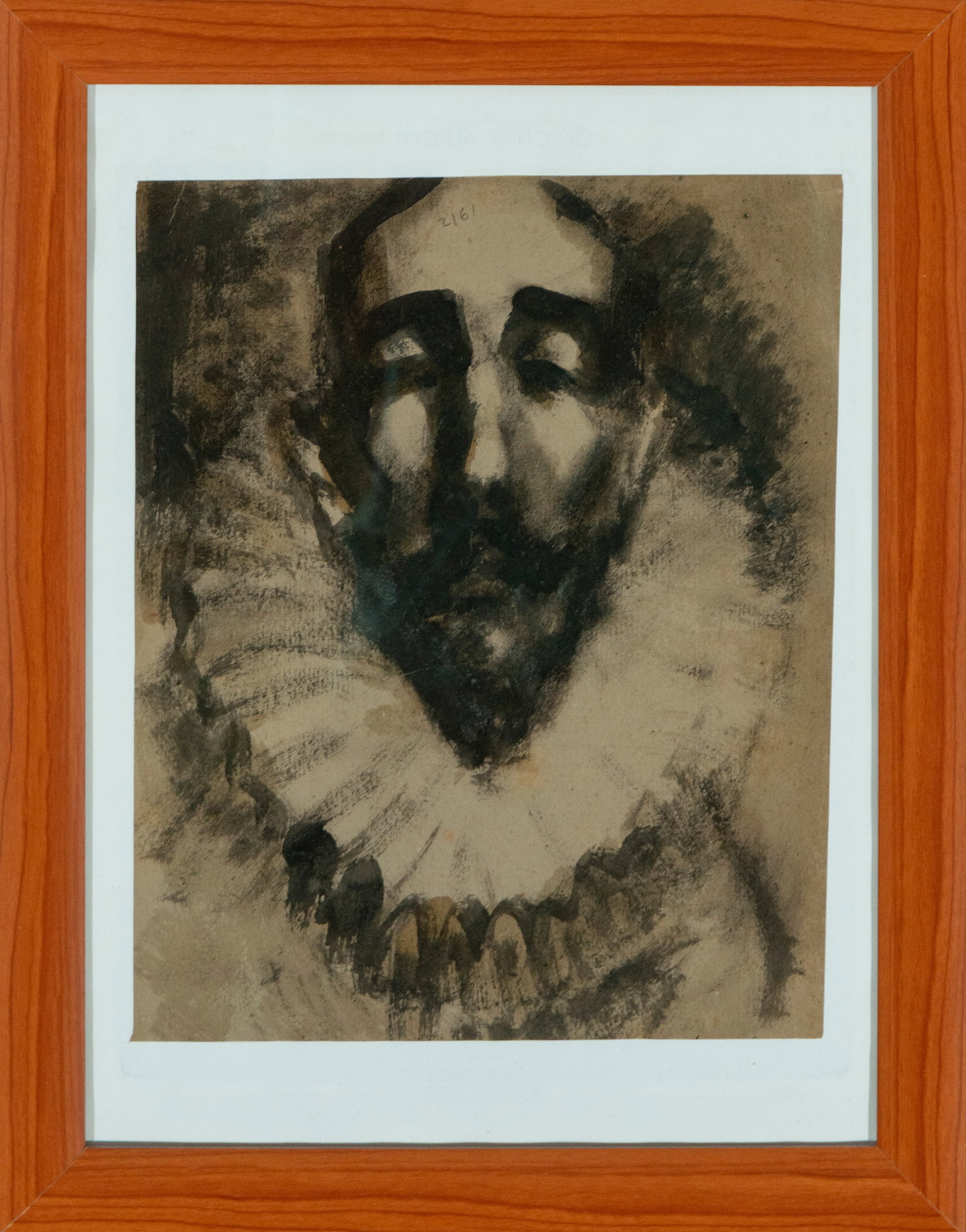 Portrait of Cervantes, Signed José Luis Reig Vila, Spanish School, 20th Century: Wash on paper. Dimensions: 32 x 25 cm. The composition focuses on the face of a man with a serious expression, identified as Miguel de Cervantes, executed with broad ink blotches that construct facial