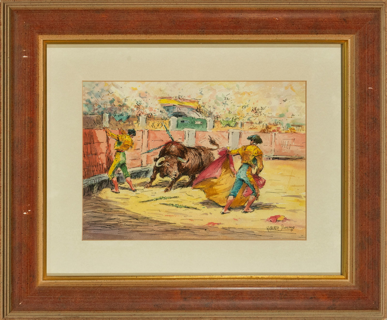 The Banderilleros, Signed Roberto Domingo, Spanish School, 20th Century: Colored pen and ink on paper. Dimensions: 33 x 24 cm. The work depicts a vibrant bullfighting scene in the arena, where two bullfighters, in full motion, face the bull with dynamism and theatricality.
