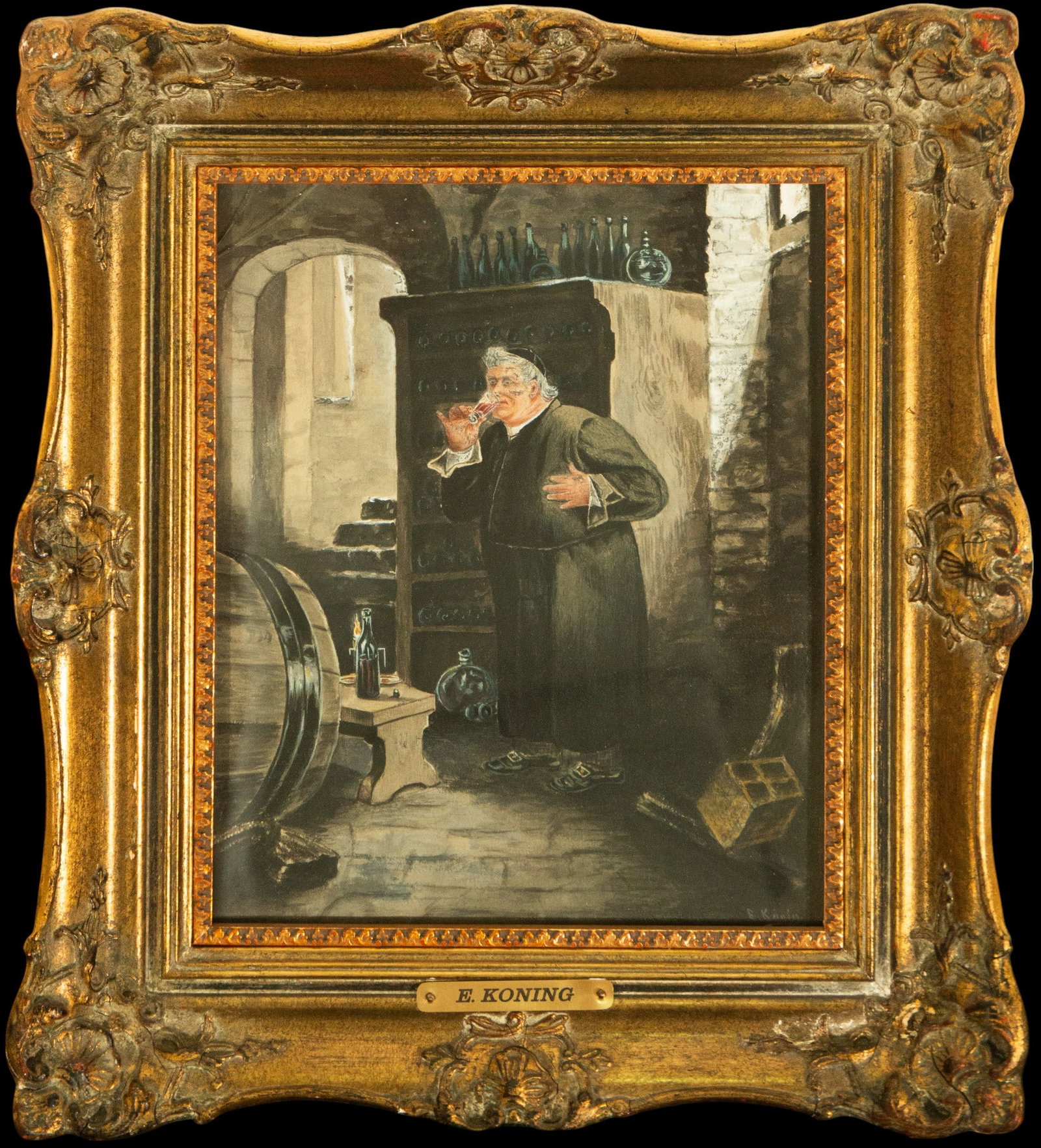 E. KONINC (signed) – Monk Drinking Indoors, 19th century.: Oil on panel