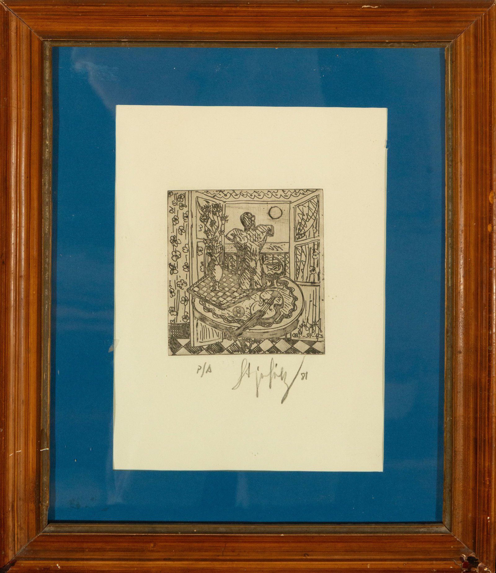 Linocut print with Cubist scene – Lorenzo Ajo, 20th century (1 of 4)