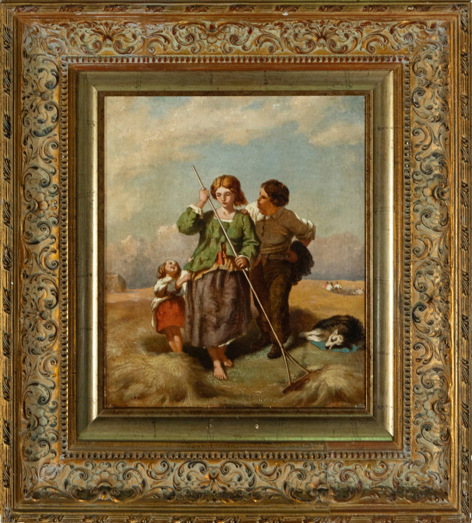 19th Century Spanish School - The Harvest: Oil on canvas. A peasant scene depicts a group of workers harvesting, with a woman at the forefront holding a tool and flanked by a man and a girl. The warm tones and diffused light accentuate the buc