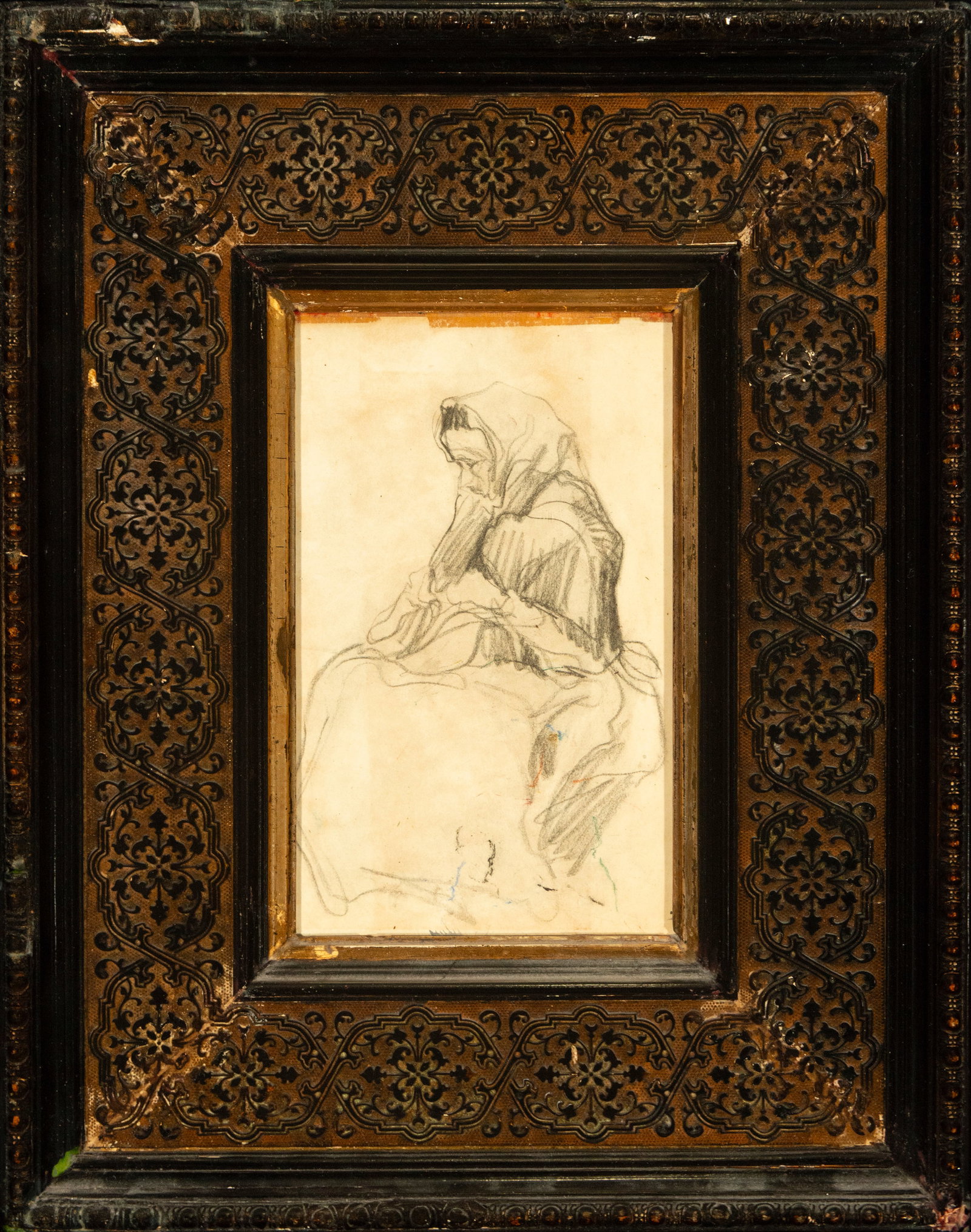 Drawing of a seated old woman, 20th century: Charcoal on paper, 25 cm x 16 cm and 43 cm x 34 cm. In the style of Isidro Nonell