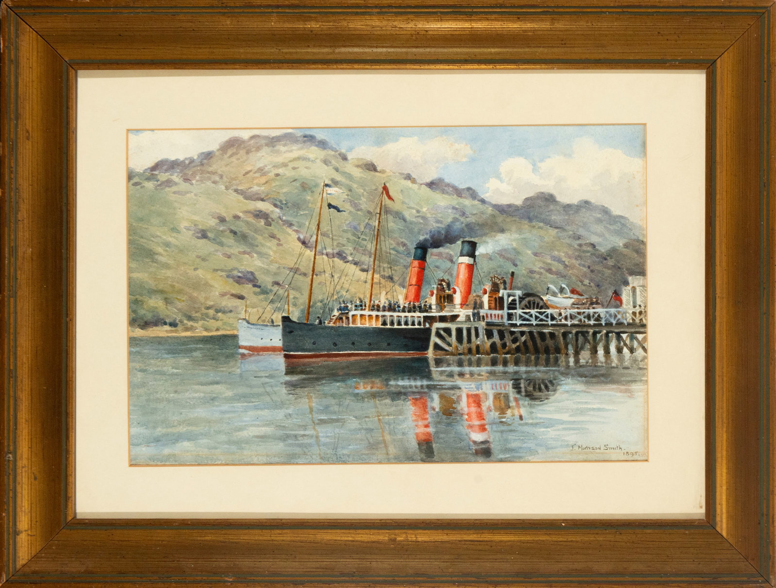 J. Morrison Smith. Steamboat at the pier. 19th century.: Watercolor on paper. Measures 31 x 48 cm (approximate with frame). Signed and dated 1895 by J. Morrison Smith. The scene depicts a steamship docked at a pier, with passengers and crew, against a backd