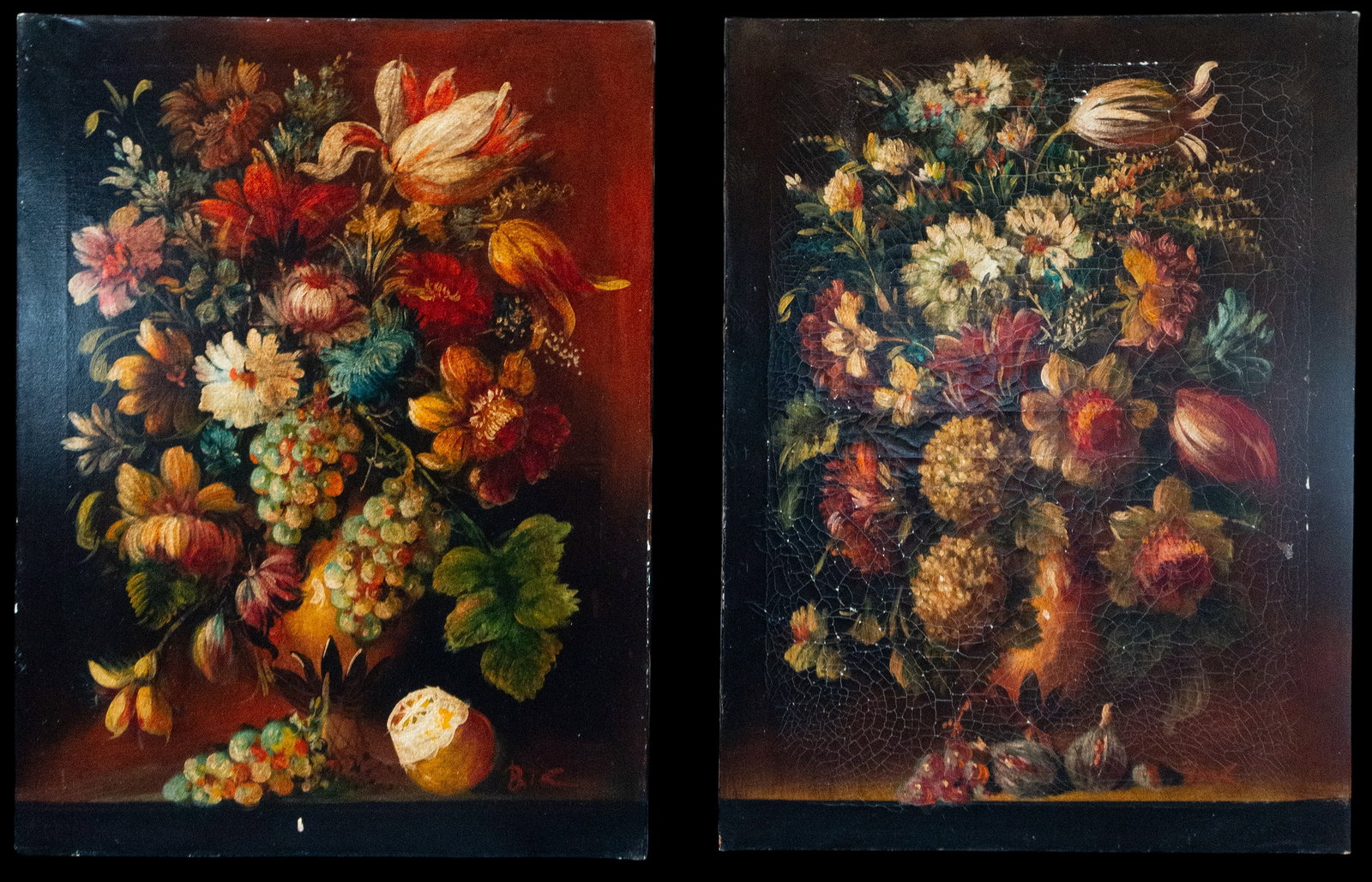 Pair of floral still lifes, Italian School, 19th-20th century: Oil on canvas. Measurements: 81 × 58 cm each.
