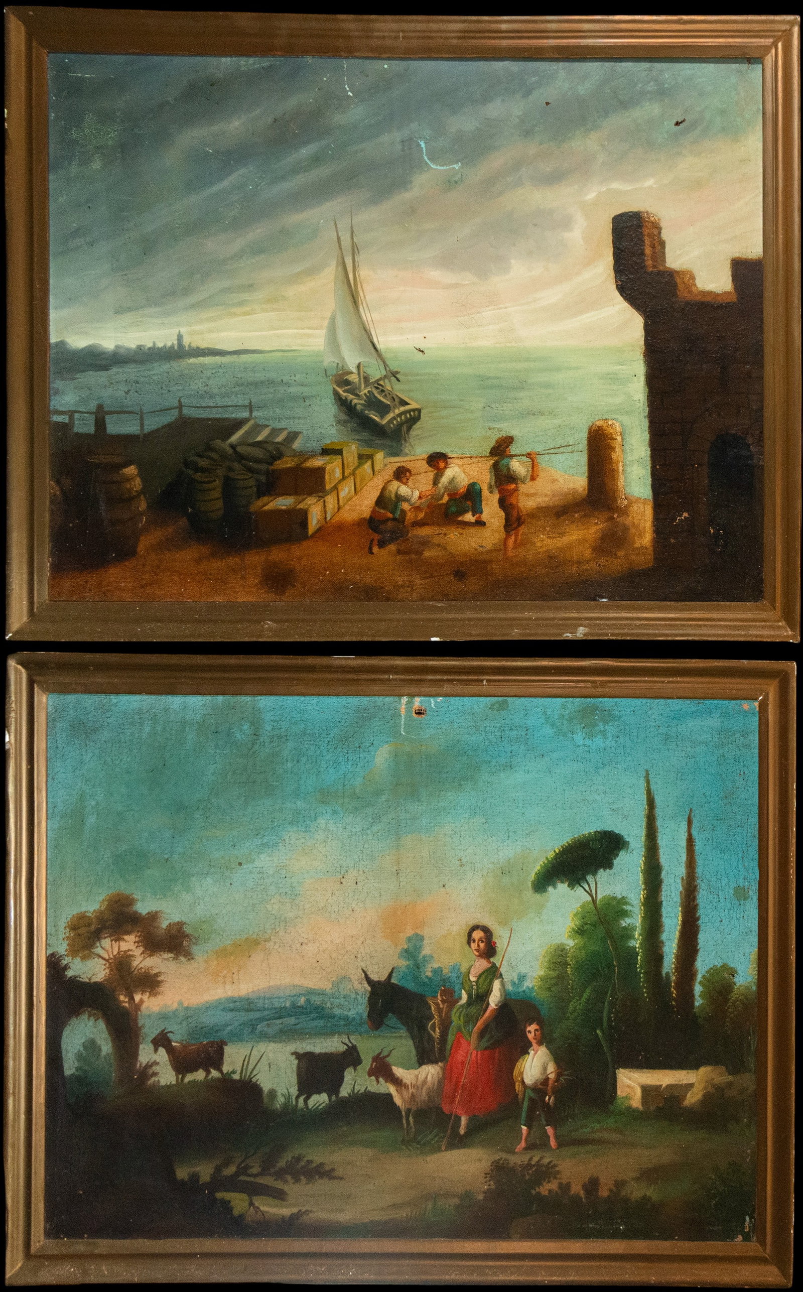 Pair of genre landscapes, European School, 19th Century: Oil on canvas. Dimensions: 75 × 55 cm and 83 × 61 cm. A pair of genre scenes, one maritime with figures on the dock and the other rural with a shepherdess and animals. Both compositions feature sere