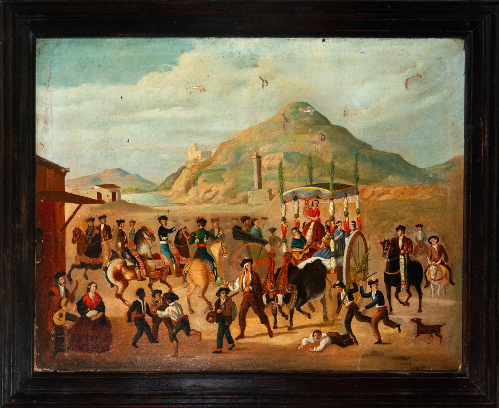 Scene from a traditional fair, Spanish School, 19th Century: Oil on canvas. Dimensions: 84 × 63 cm. Lively scene with local characters, horses, and musicians in a festive fairground setting. The narrative composition and vibrant colors reflect the 19th-century