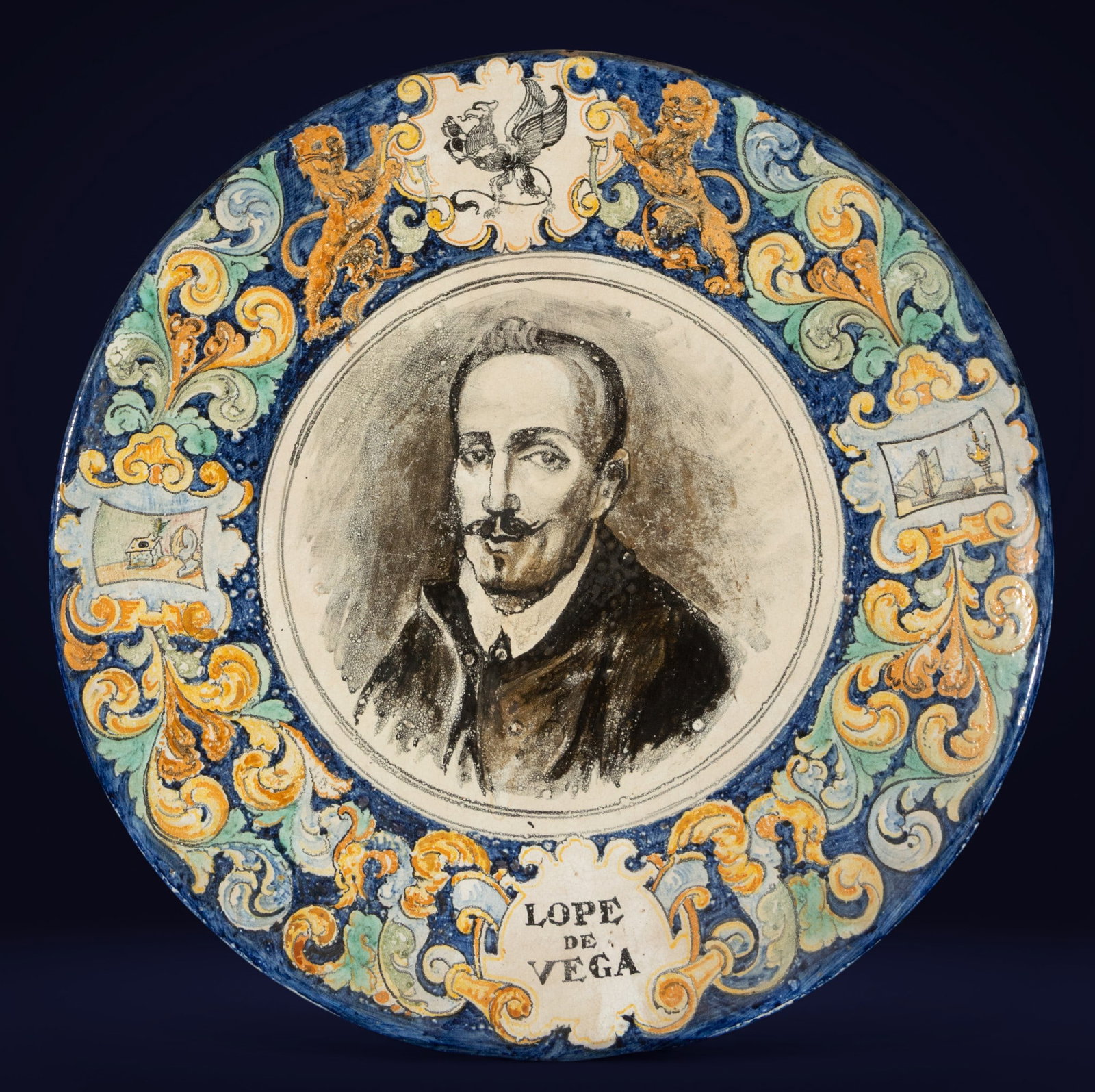 Triana Lope de Vega ceramic plate, 19th century Measurements: Measurements: 45 cm x 45 cm x 5 cm
