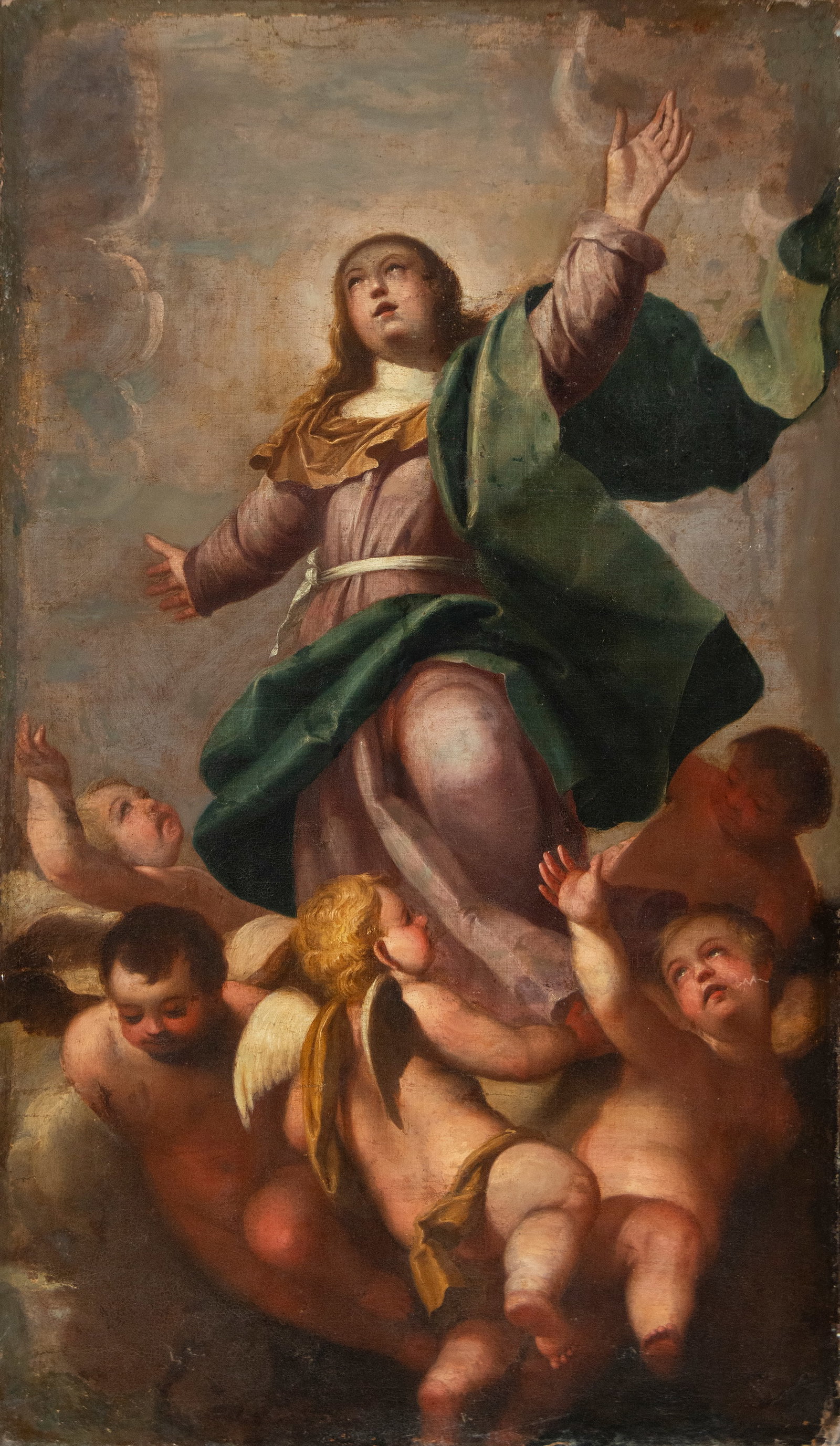 Italian master of the Corrado Giaquinto circle of the late 18th century (1703-1766): Oil on canvas. Dimensions: 141 x 84 cm. The composition depicts the Virgin Mary ascending into heaven. The upward movement and diagonal position of the body convey a sense of ecstasy and spiritual ele