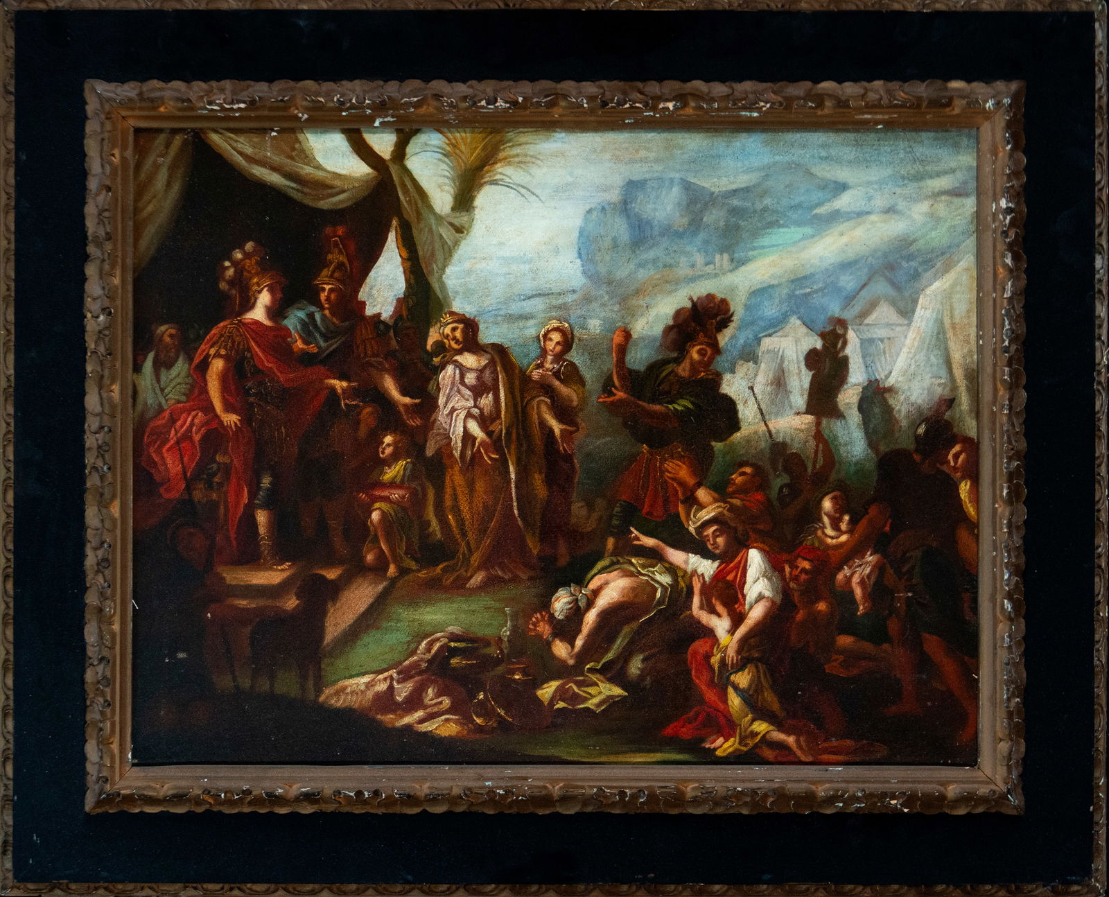 Biblical Scene, Colonial School, 17th Century: Oil on canvas. Dimensions: 80 x 60 cm and 102 x 82 cm. The work presents a complex narrative scene inspired by the Old Testament, set in a military camp where male and female figures converge in a mom