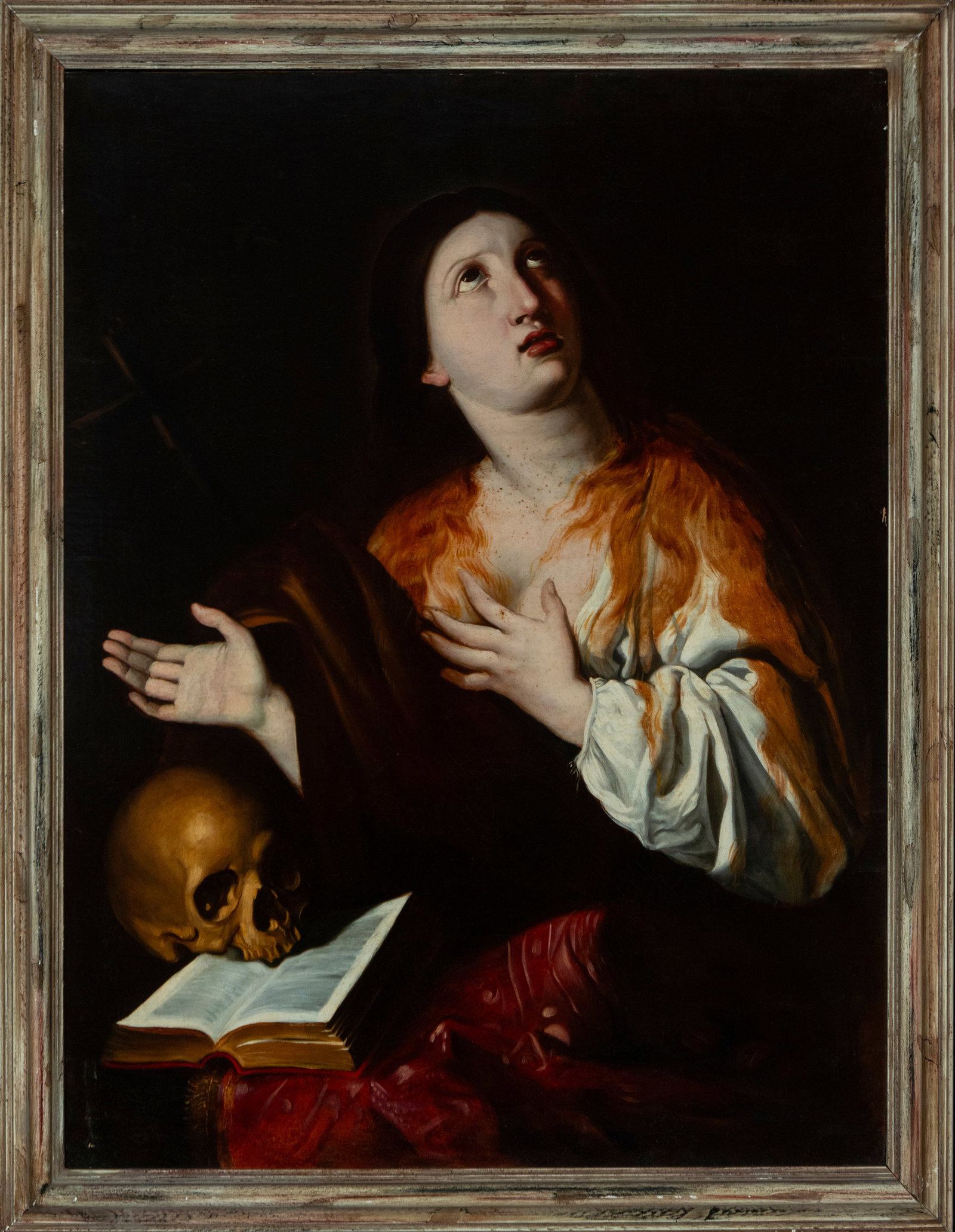 Penitent Mary Magdalene, Genoese Caravaggist Master of the 17th Century: Oil on canvas. Dimensions: 82 x 96 cm and 115 cm. The image of Mary Magdalene, depicted with her gaze raised and a gesture of contrition, embodies the spiritual tension between repentance and hope. Th