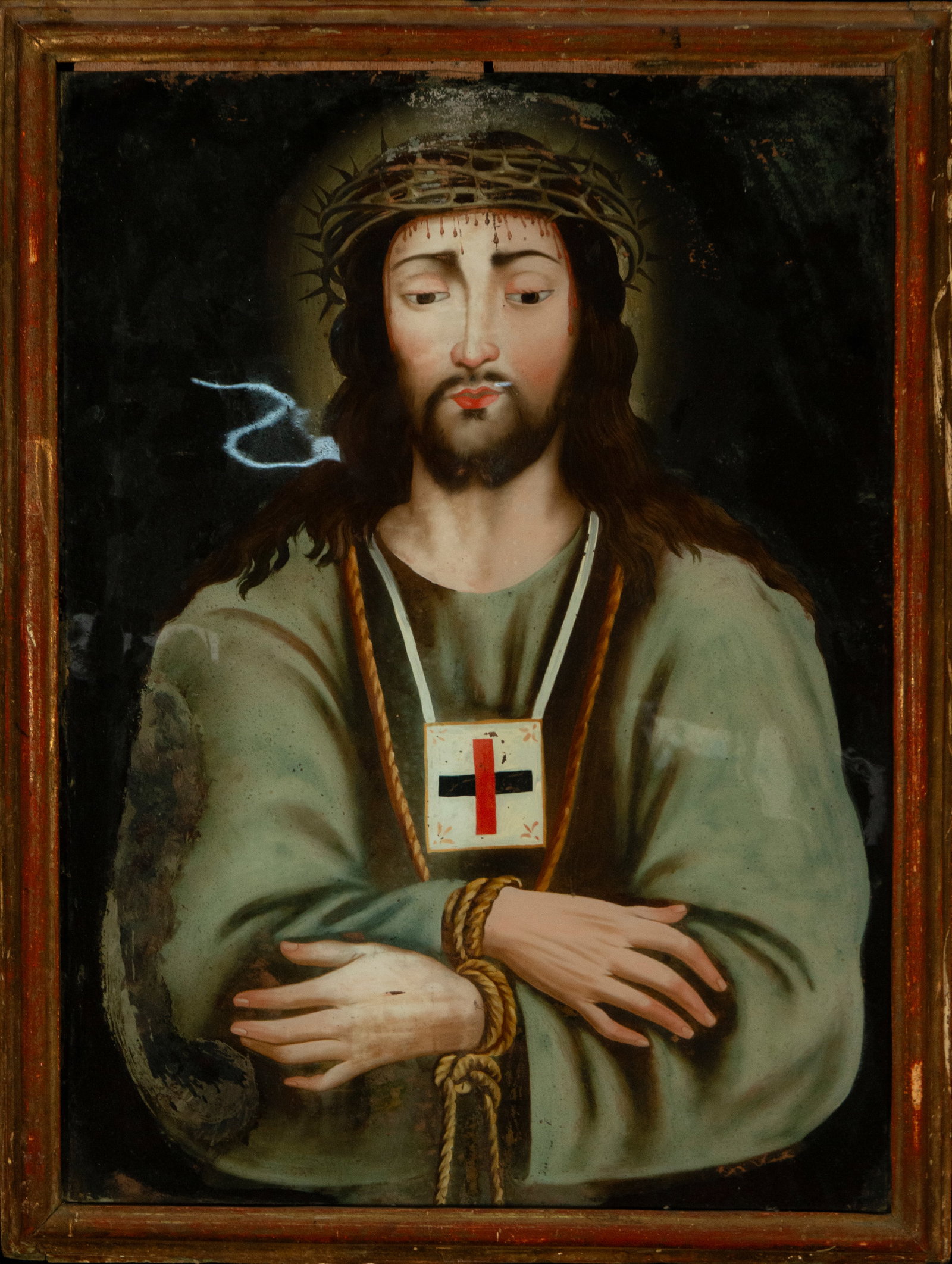 Italian School, Naples, 18th century - Captive Christ on glass: Painted glass. Dimensions: 76 x 53 cm and 83 x 62 cm. The image of Christ crowned with thorns, frontal and serene, stands out against a dark background that accentuates the drama of his expression. Th