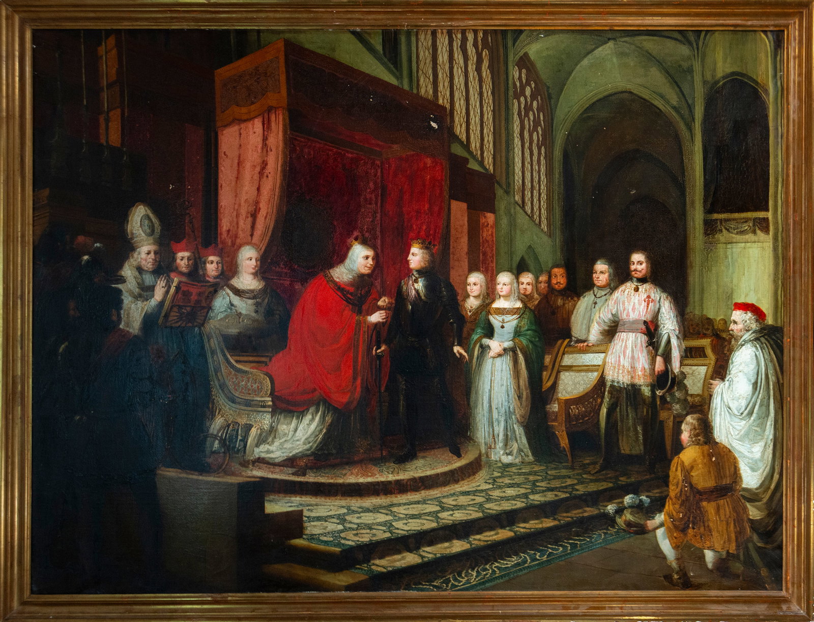 Exceptional Presentation of Columbus to Isabella of Castile - Aragonese School very close to: Star Lot - Work to be studied. Oil on canvas, Dimensions 88 x 142 cm and 200 x 154 cm