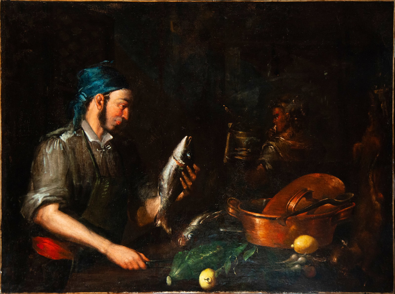 According to Francesco Recco, Neapolitan School. 18th Century: Oil on canvas. Dimensions 144 x 106 cm. In a dark, intimate interior, a young fisherman holds a fish, examining its silvery sheen in the light that falls diagonally from the left, partially illuminati